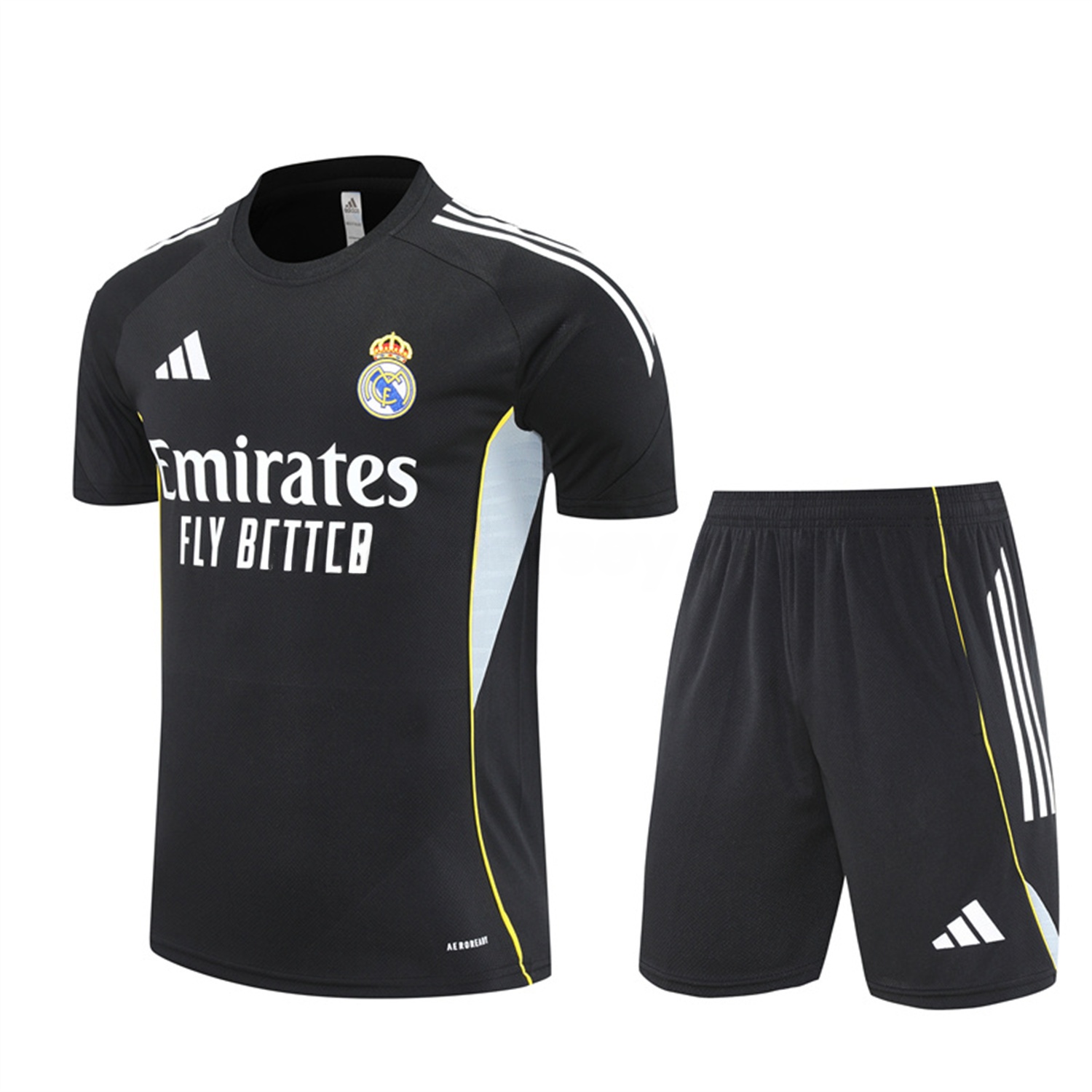 Real Madrid 25-26 Short-Sleeve Training Set - Yellow Line Black Top and Black Shorts - Unitedfutballjersey