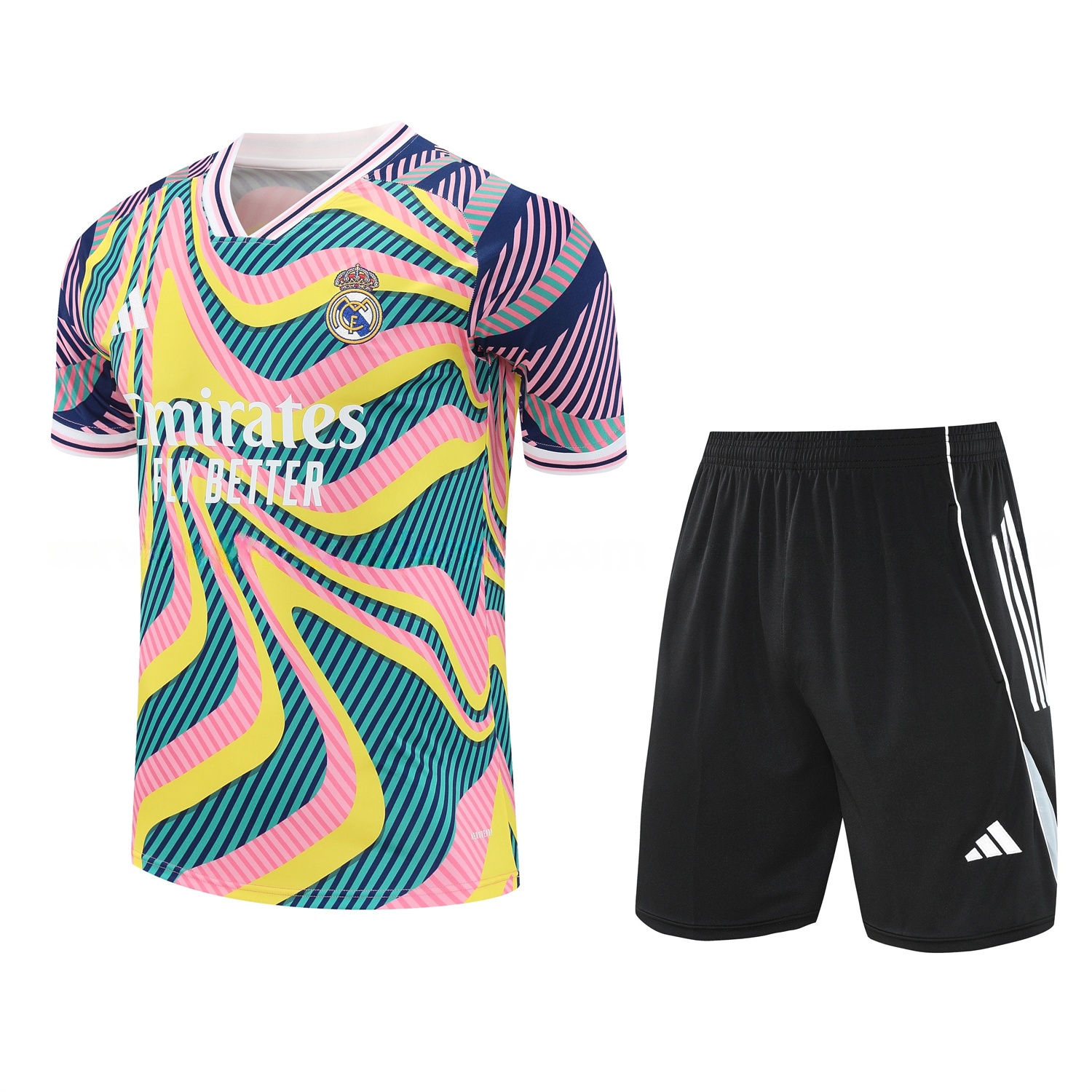 Real Madrid 25-26 Short-Sleeve Training Set - Colorful Curve Pattern Top & Black Shorts - Unitedfutballjersey
