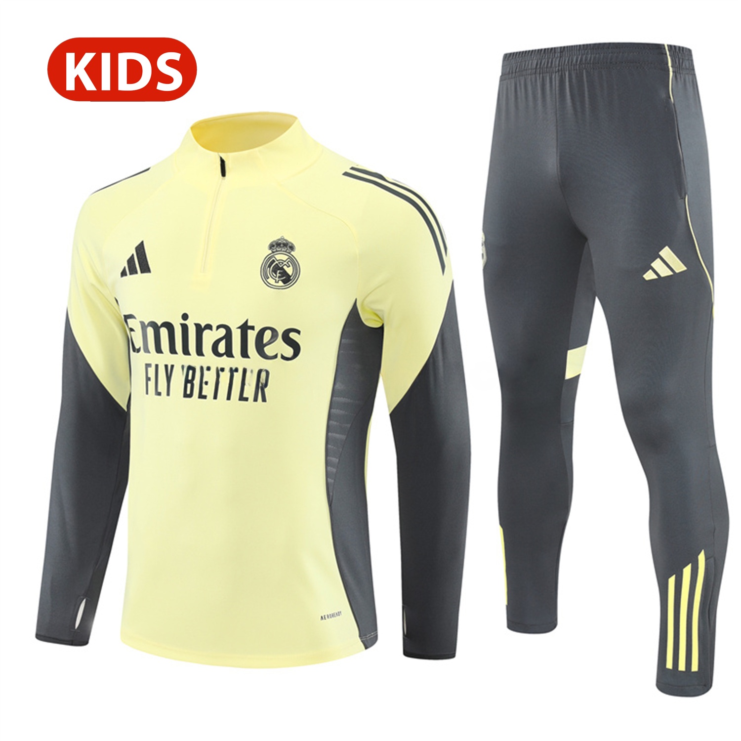 Real Madrid 25-26 Kid Long Sleeves Training Set - Yellow Top & Gray Pants - Unitedfutballjersey