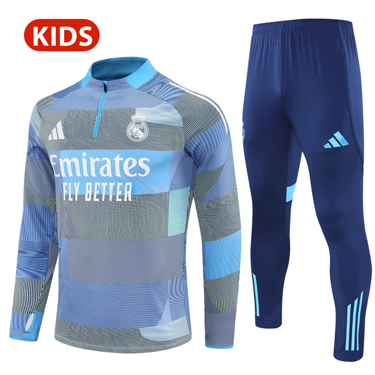 Real Madrid 25-26 Kids Long Sleeves Training Set - Blue-Gray Camouflage Top & Blue Pants - Unitedfutballjersey