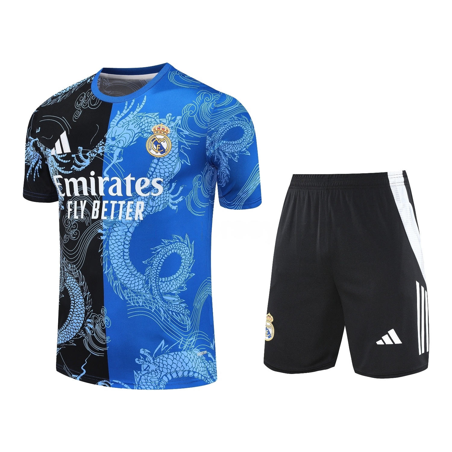 Real Madrid 25-26 Short-Sleeve Training Set - Blue Black Dragon Top & Black-White Shorts - Unitedfutballjersey