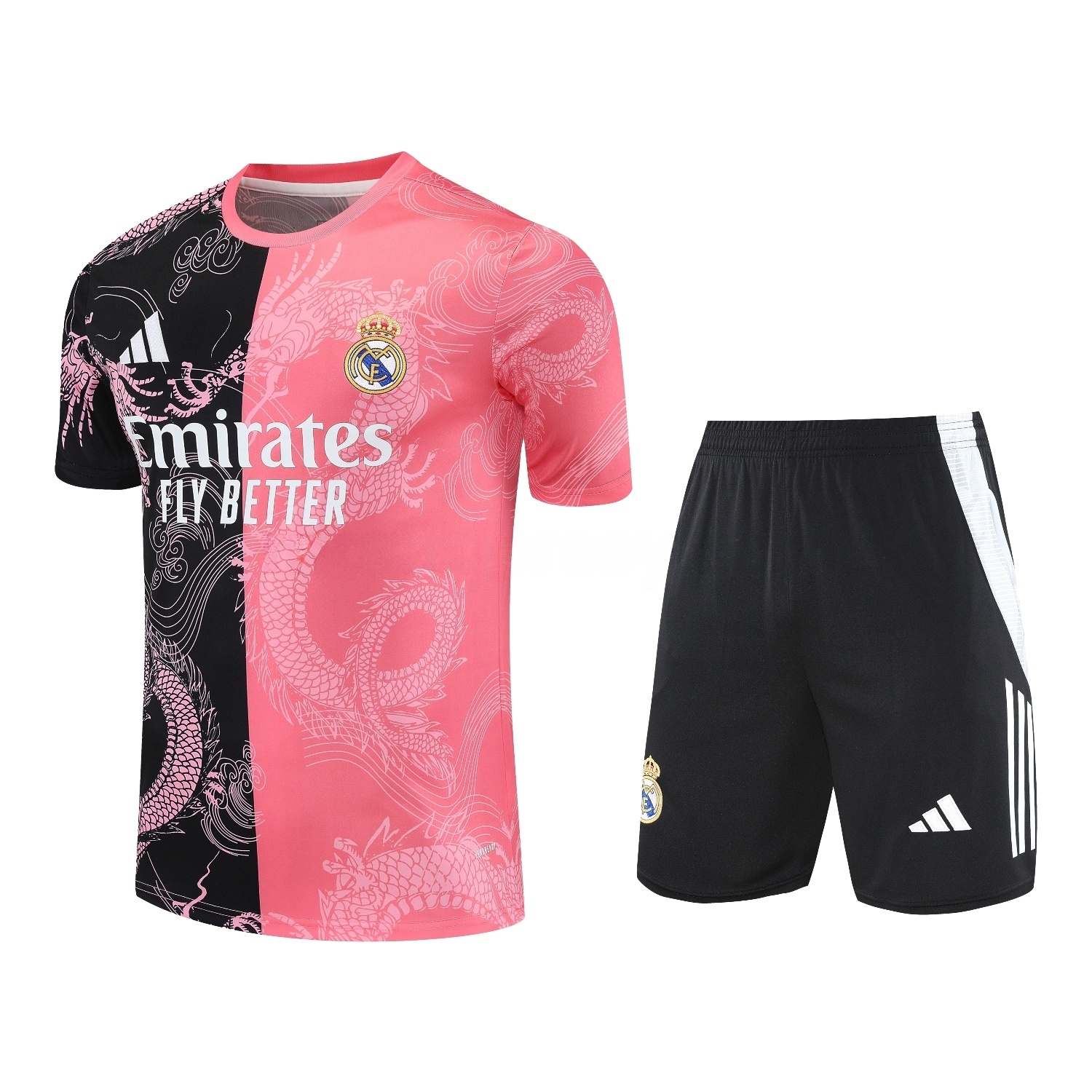 Real Madrid 25-26 Short-Sleeve Training Set - Pink-Black Dragon Top & Black-White Shorts - Unitedfutballjersey
