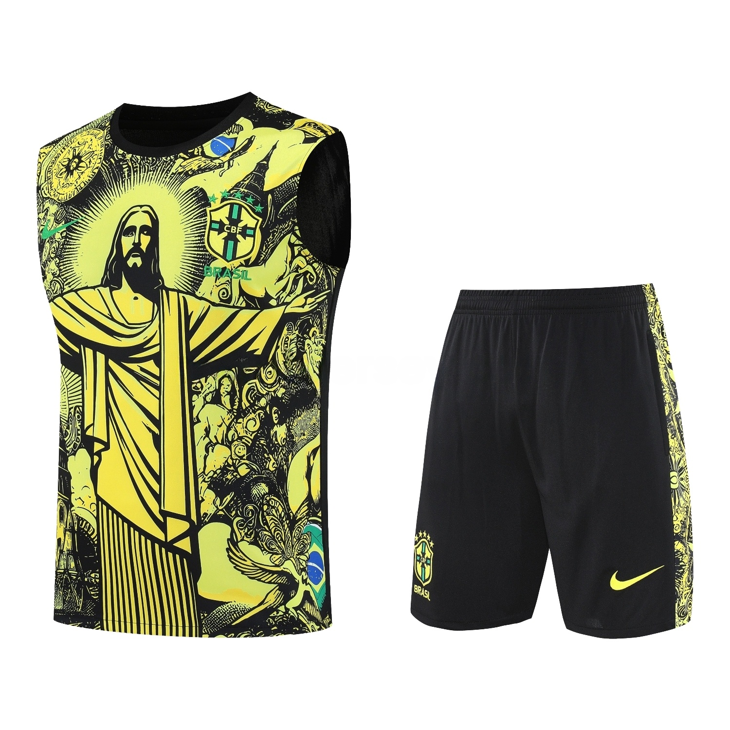 Brazil 25-26 Yellow Jesus Statue Vest Training Set - Yellow Vest & Black Shorts - Unitedfutballjersey