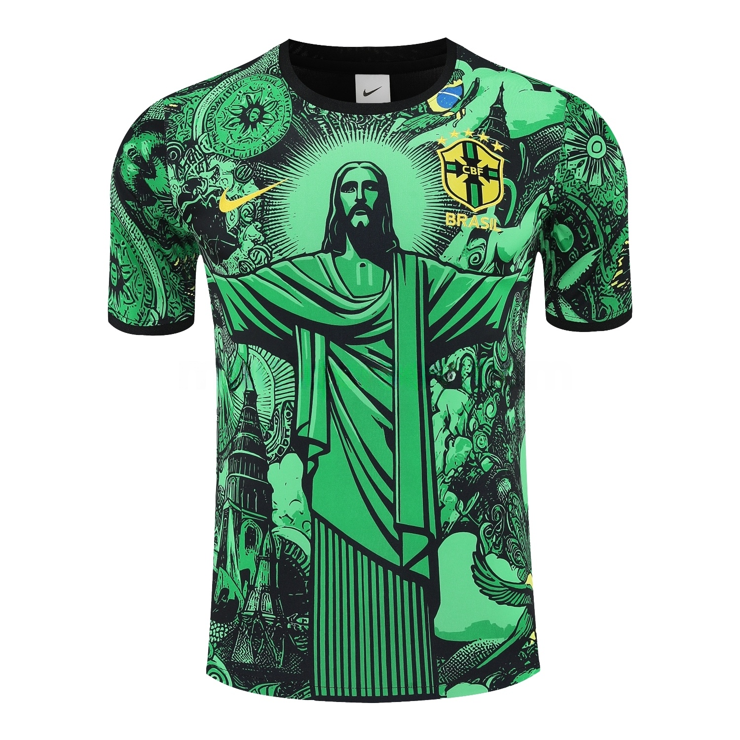 Brazil 25-26 Green Jesus Statue Short-Sleeve Training Set - Green Top & Black Shorts - Unitedfutballjersey