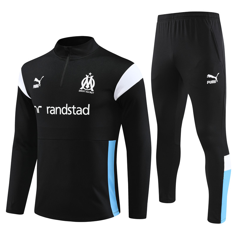 Marseille 23-24 Kids Long Sleeve Training Set Black and White - Unitedfutballjersey