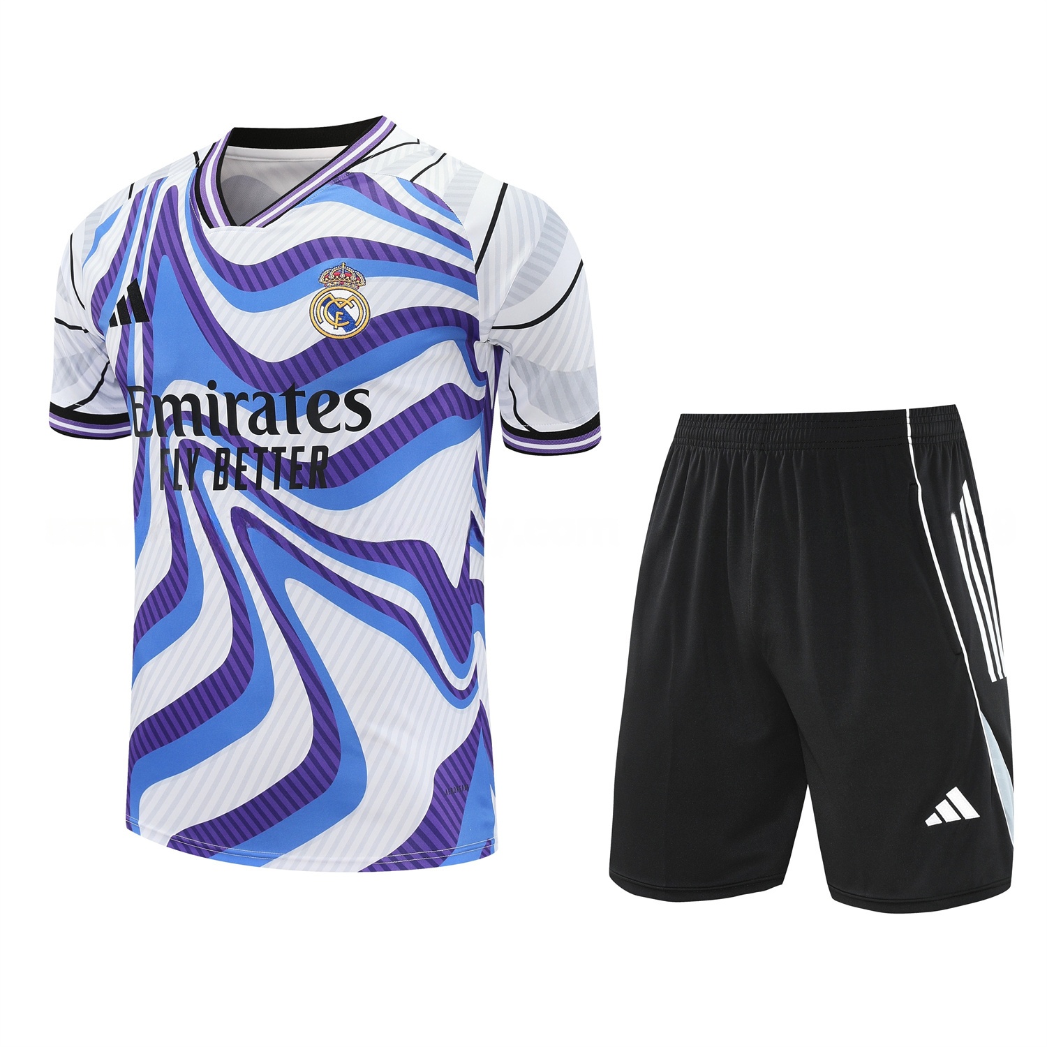 Real Madrid 25-26 Short-Sleeve Training Set - Blue Purple Curve Pattern Top & Black Shorts - Unitedfutballjersey