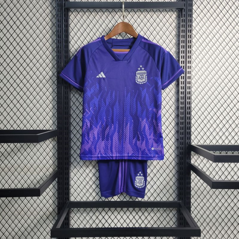Argentina 3 Stars 22-23 Away Stadium Kids Kit ( with 2022 World Champions Patch ) - Unitedfutballjersey