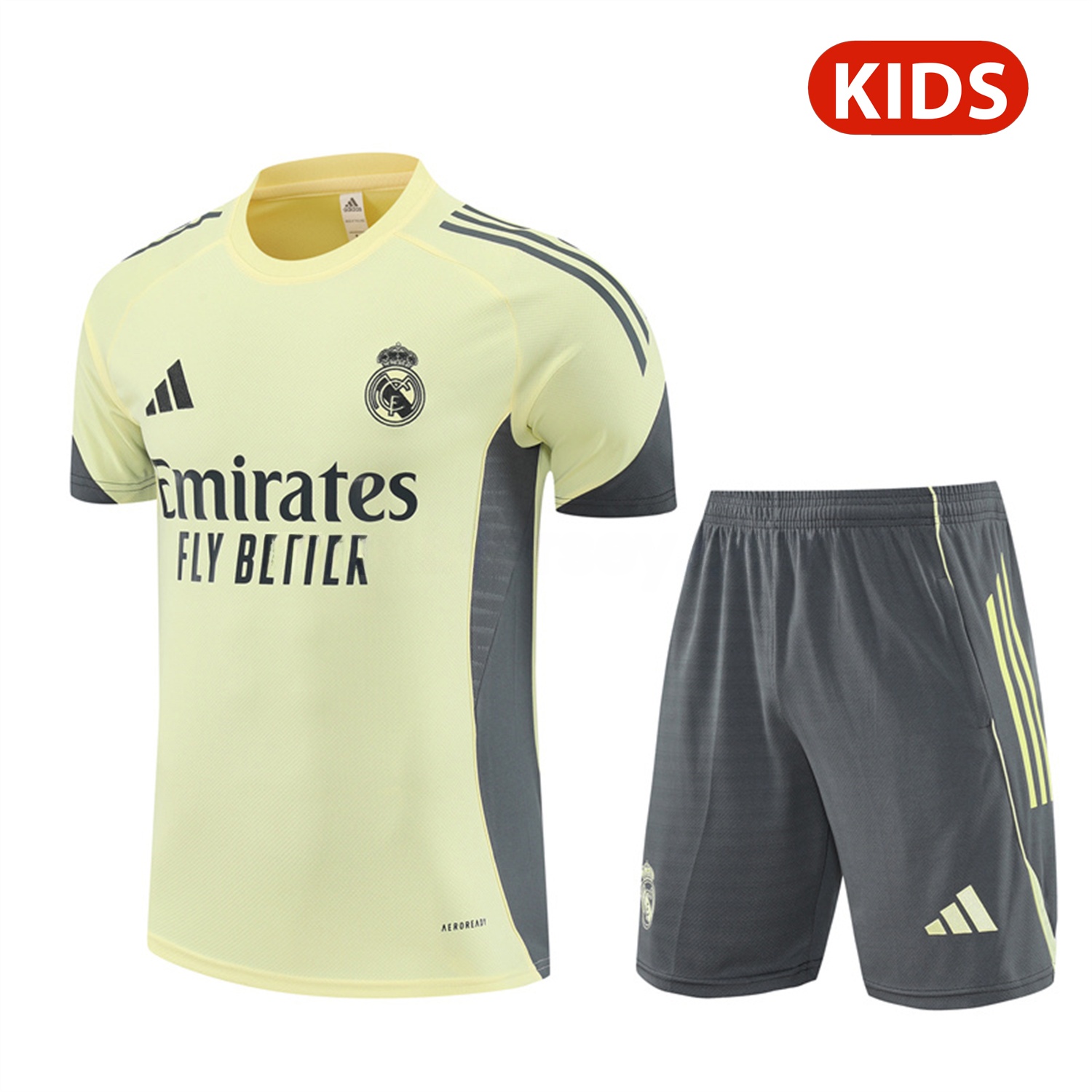Real Madrid 25-26 Kids Short-Sleeve Training Set - Yellow Top and Grey Shorts - Unitedfutballjersey