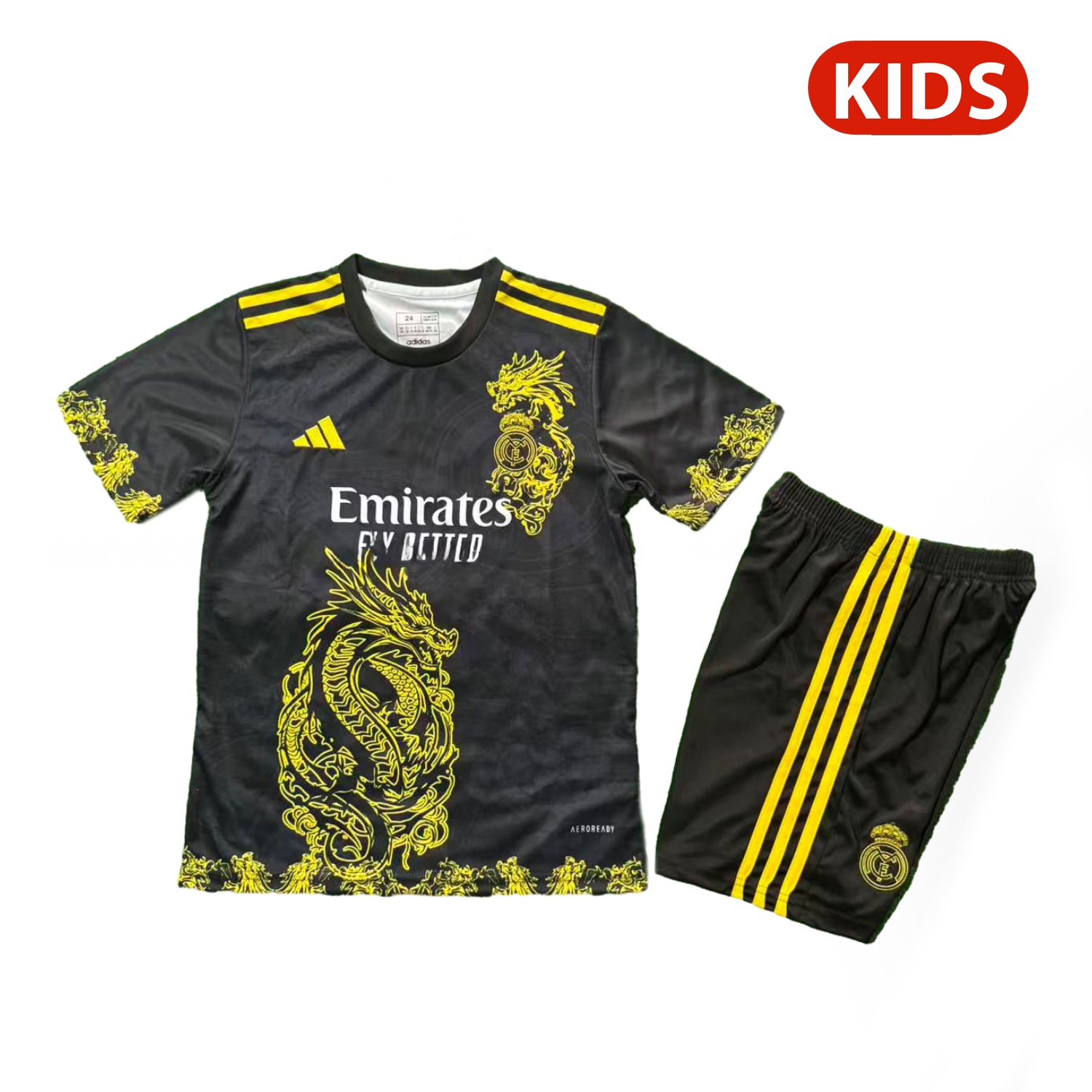Real Madrid 25-26 Yellow Dragon Black Special Kids Kit - Unitedfutballjersey