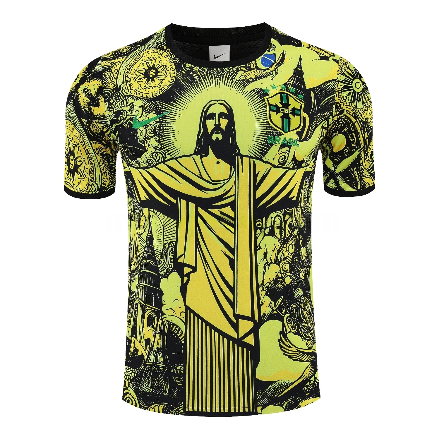 Brazil 25-26 Yellow Jesus Statue Short-Sleeve Training Set - Yellow Top & Black Shorts - Unitedfutballjersey
