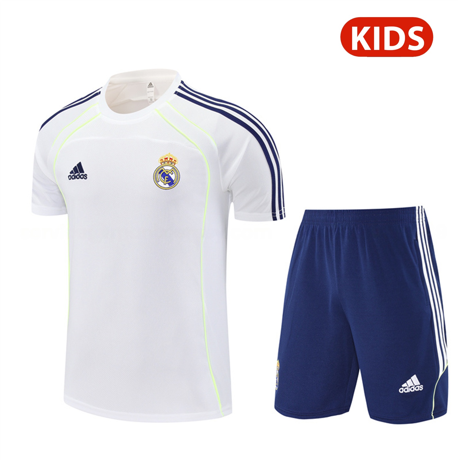 Real Madrid 25-26 Kids Short-Sleeve Training Set - White Urban Purist Style Top and Blue Shorts - Unitedfutballjersey