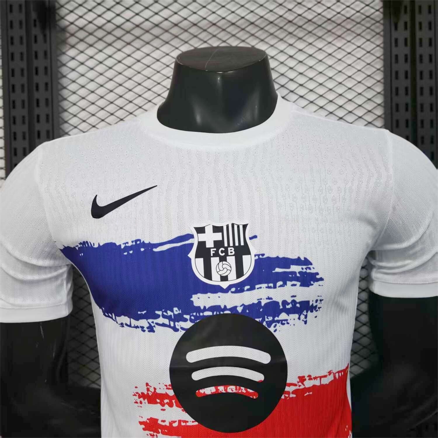 B.A.R.S.A 25-26 White Jersey with Red Blue Ink Horizontal Stripes Jersey - Player Version - Unitedfutballjersey