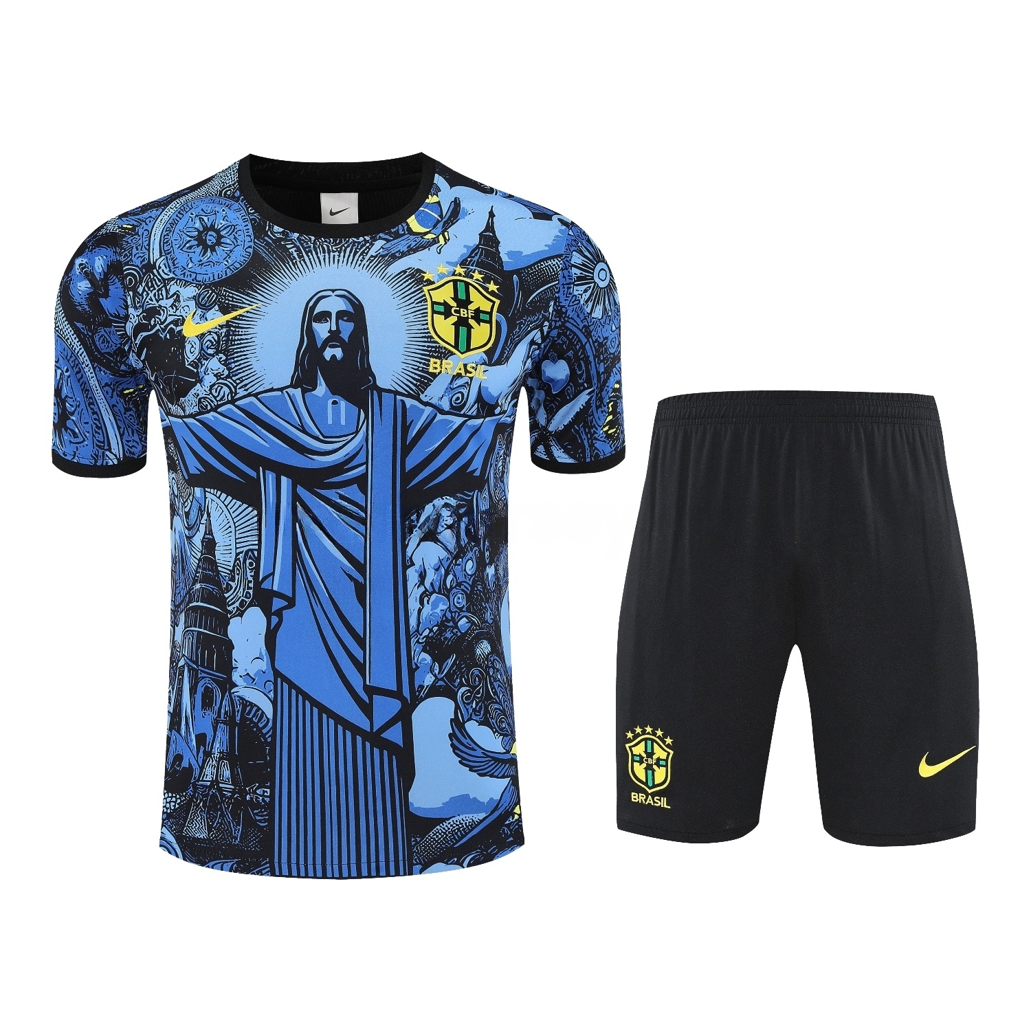 Brazil 25-26 Blue Jesus Statue Short-Sleeve Training Set - Blue Top & Black Shorts - Unitedfutballjersey