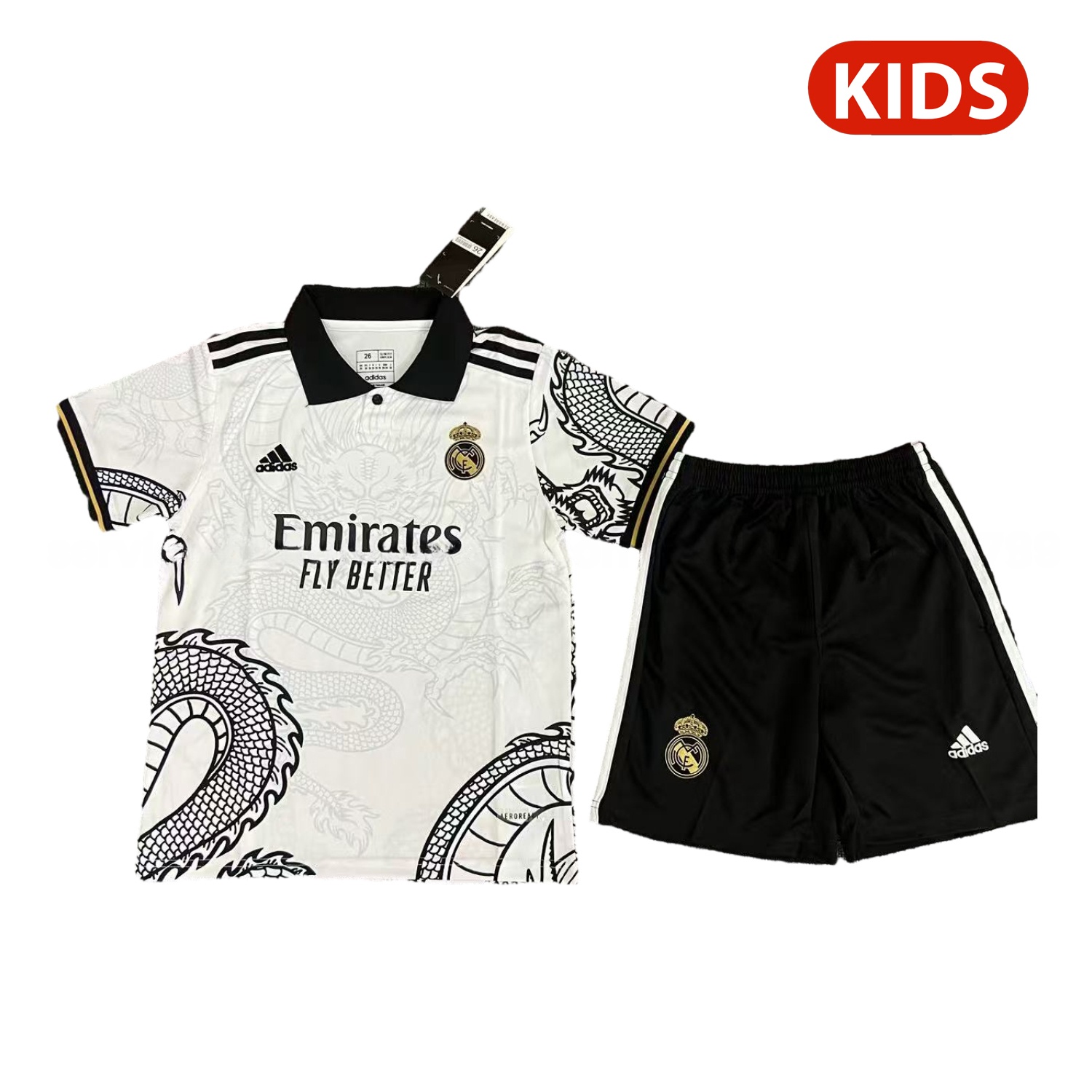 Real Madrid 25-26 Black Dragon Body White Special Polo Kids Kit - Unitedfutballjersey