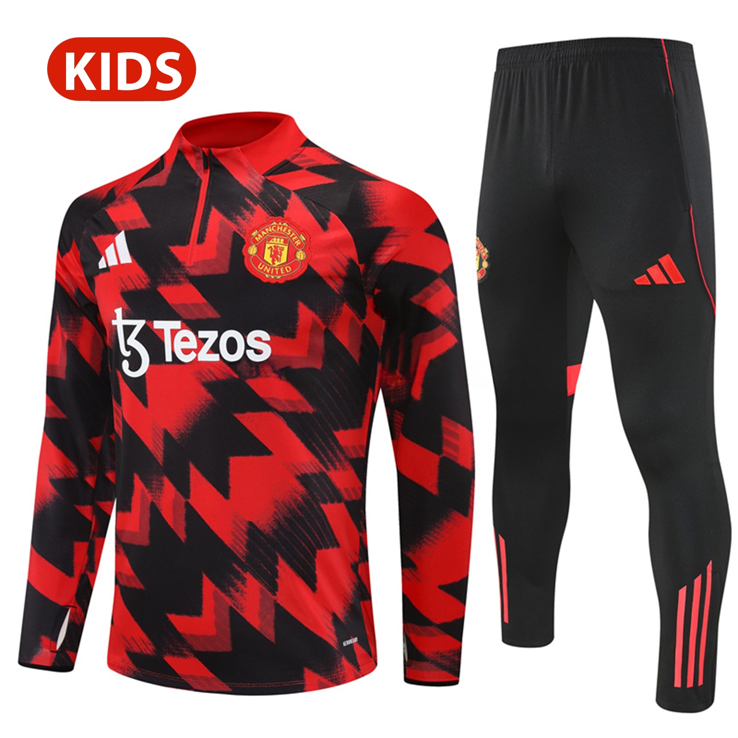 Manchester United 25-26 Kid Long Sleeves Training Set - Red-Black Top & Black Pants - Unitedfutballjersey