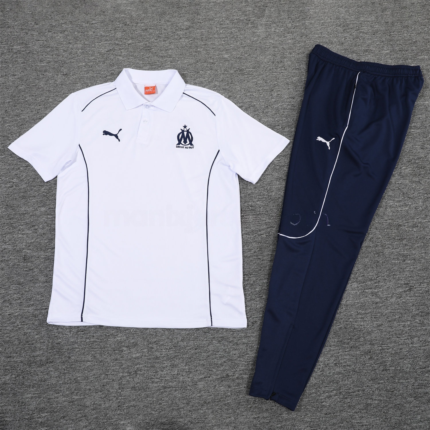 Marseille 25-26 POLO Short-Sleeve Training Set - White Top and Deep Blue Pants - Unitedfutballjersey