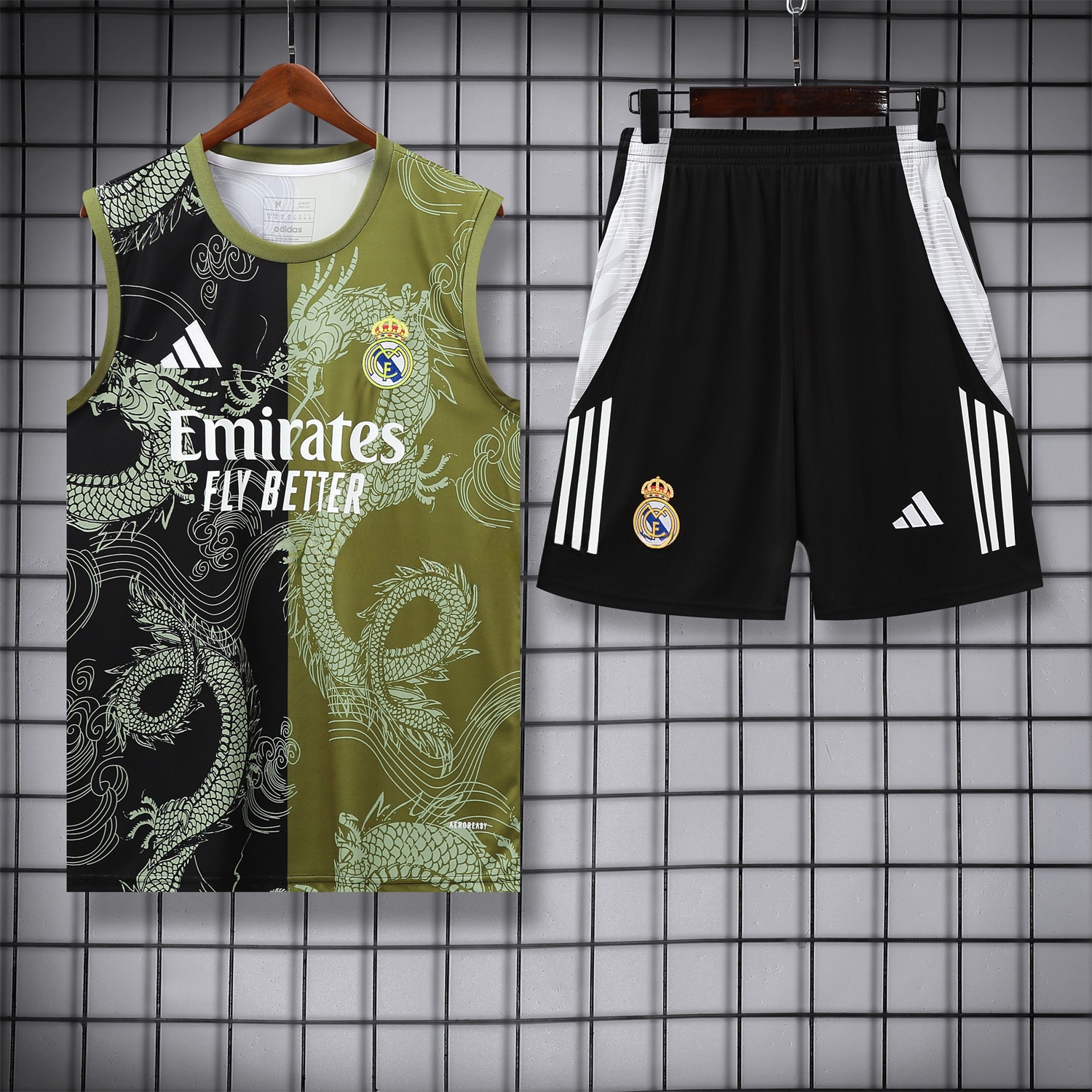 Real Madrid 25-26 Vest Training Set - Green-Black Dragon Vest & Black-White Shorts - Unitedfutballjersey