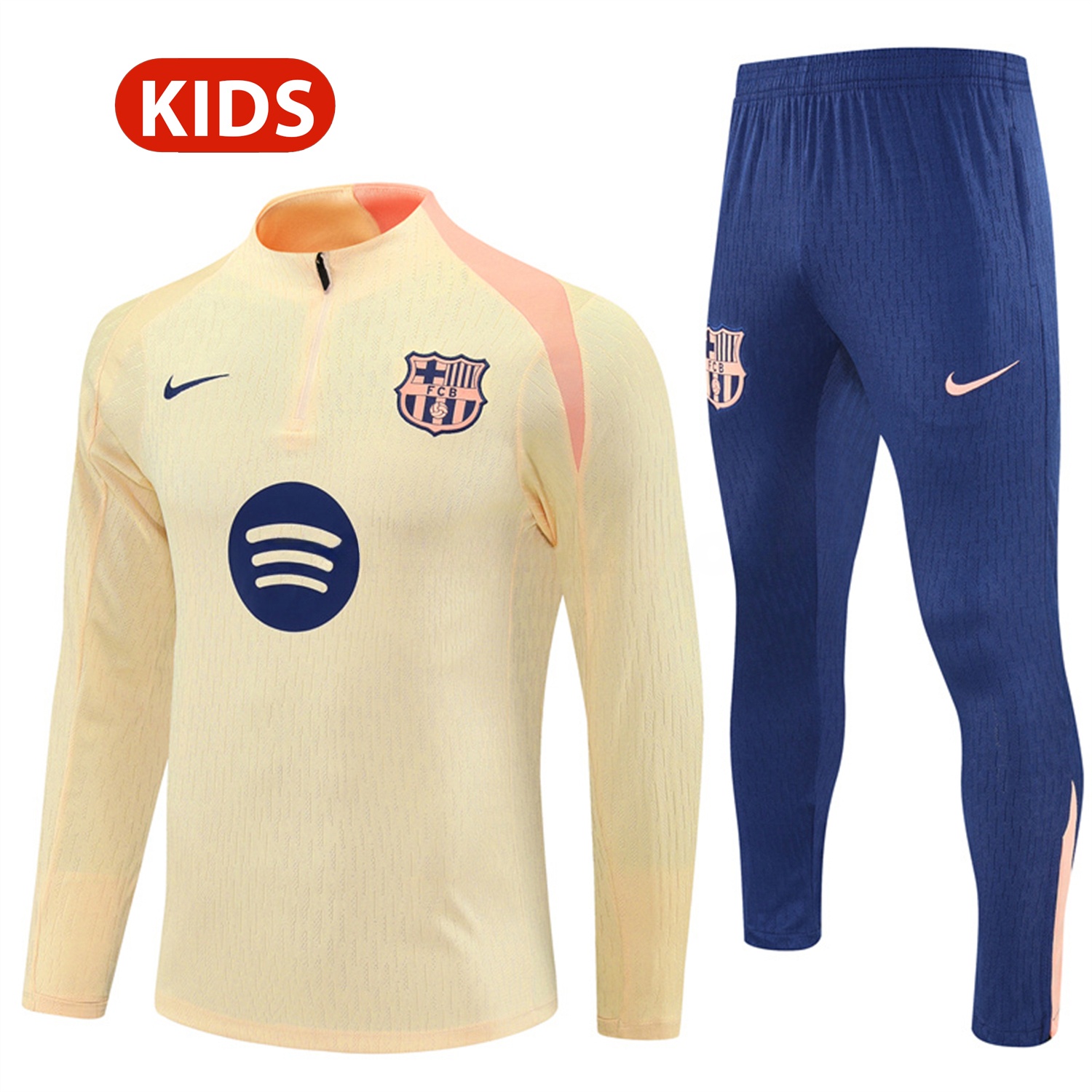 B.A.R.S.A 25-26 Kids Long Sleeve Training Set - Player Version - Light Yellow Top and Blue Pants - Unitedfutballjersey