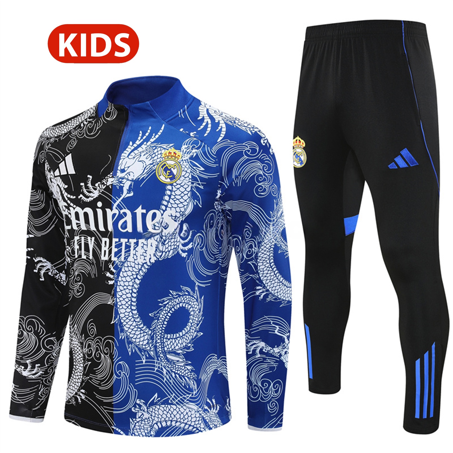 Real Madrid 25-26 Kids Long Sleeve Training Set - White Loong Black Blue Top and Black Pants - Unitedfutballjersey