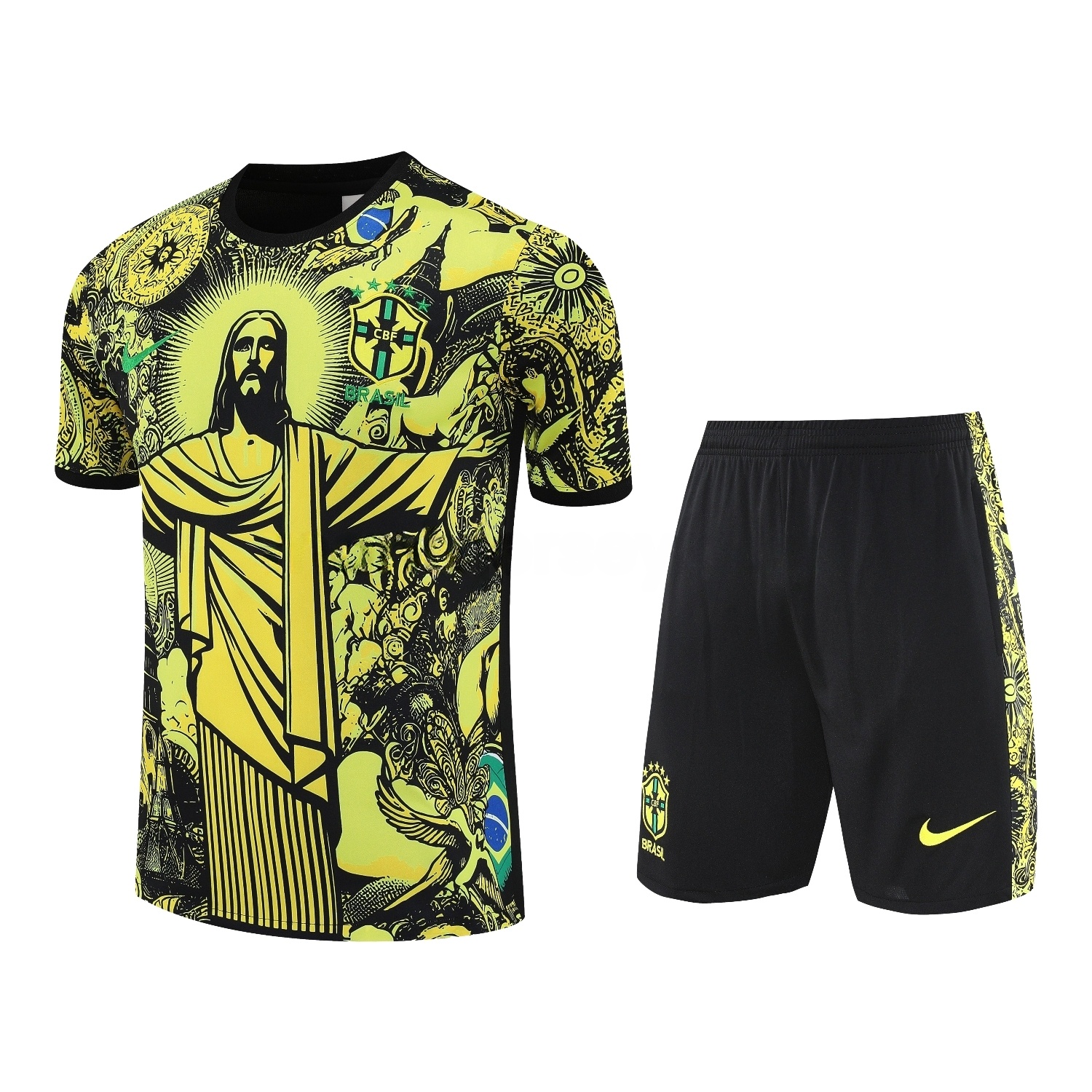Brazil 25-26 Yellow Jesus Statue Short-Sleeve Training Set - Yellow Top & Black Shorts - Unitedfutballjersey