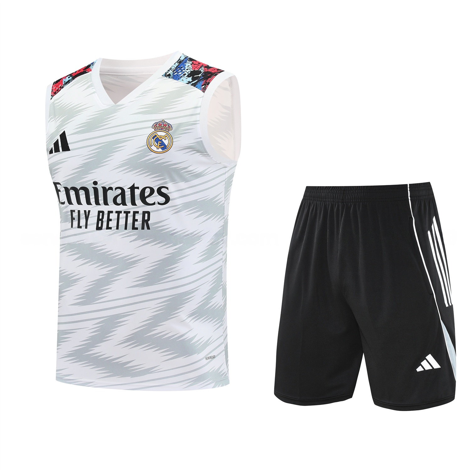 Real Madrid 25-26 Vest Training Set - Grey Arrow Pattern Vest & Black Shorts - Unitedfutballjersey