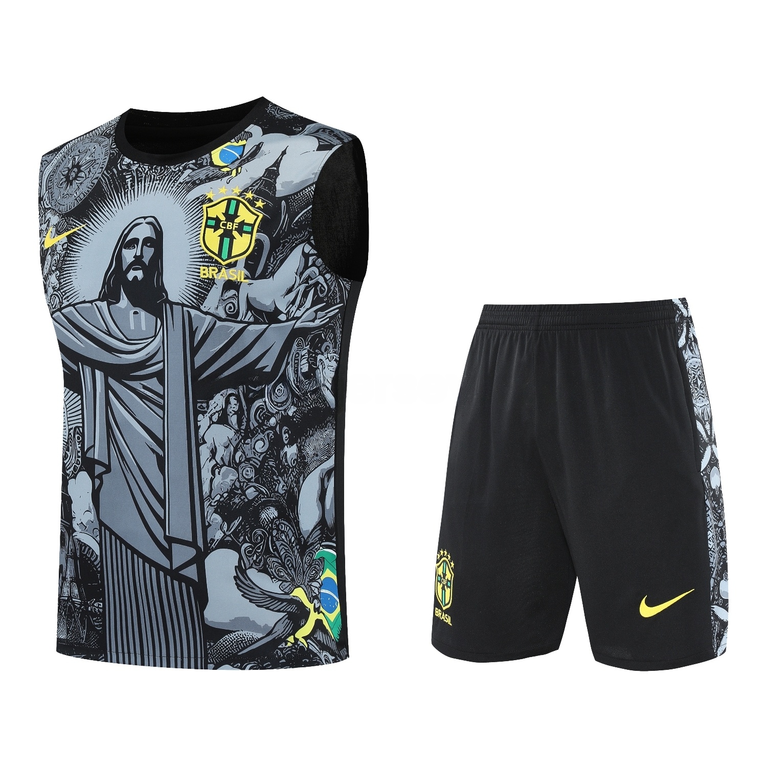 Brazil 25-26 Gray Jesus Statue Vest Training Set - Gray Vest & Black Shorts - Unitedfutballjersey