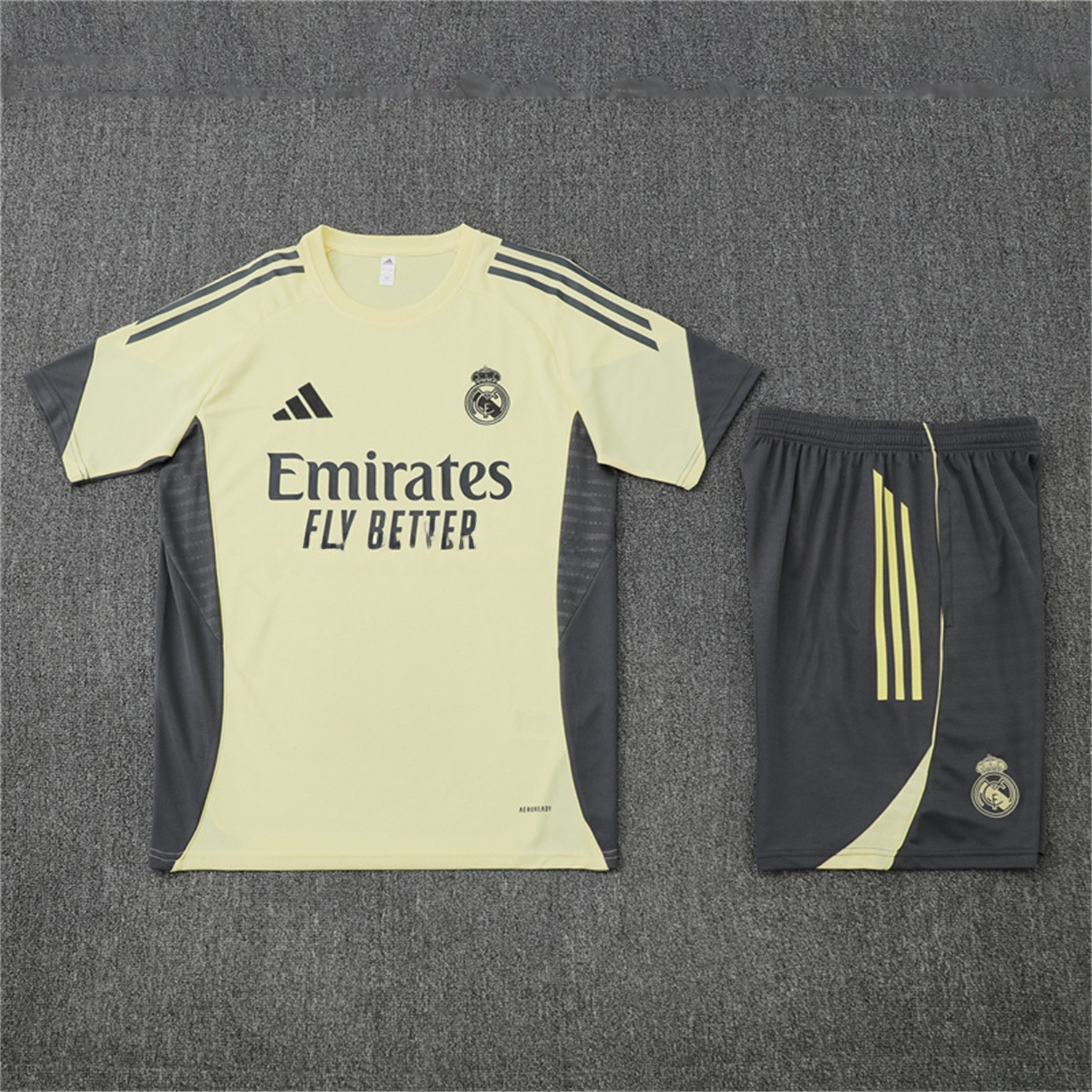 Real Madrid 25-26 Short-Sleeve Training Set - Yellow Top and Grey Shorts - Unitedfutballjersey