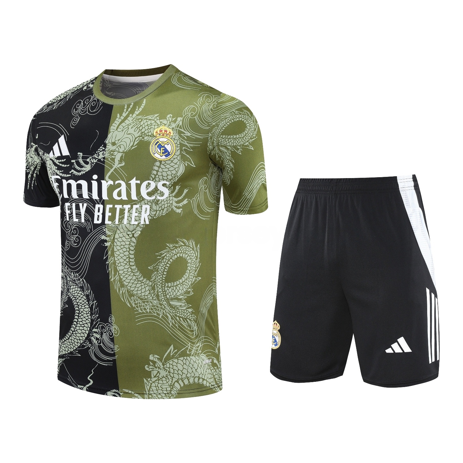 Real Madrid 25-26 Short-Sleeve Training Set - Green-Black Dragon Top & Black-White Shorts - Unitedfutballjersey