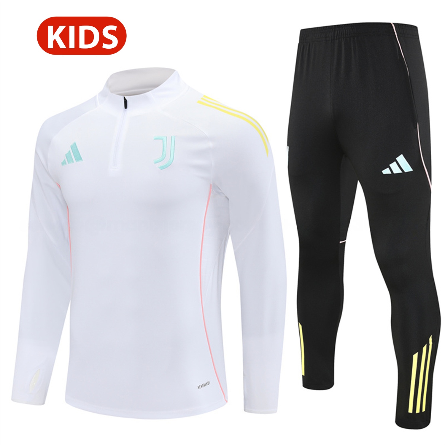 Juventus 25-26 Kids Long Sleeve Training Set - White Top and Black Pants - Unitedfutballjersey