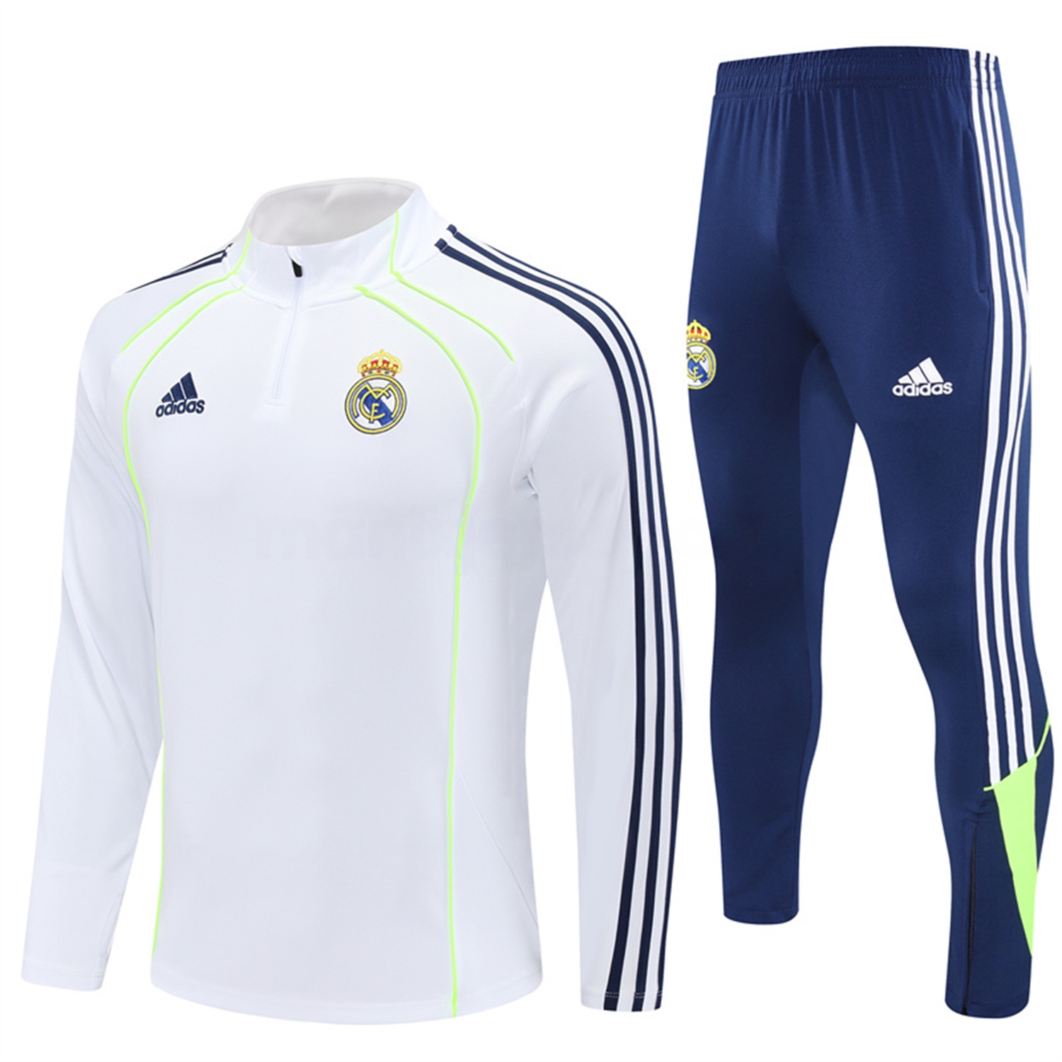 Real Madrid 25-26 Long Sleeve Training Set - Green Line White Top and Blue Pants - Unitedfutballjersey