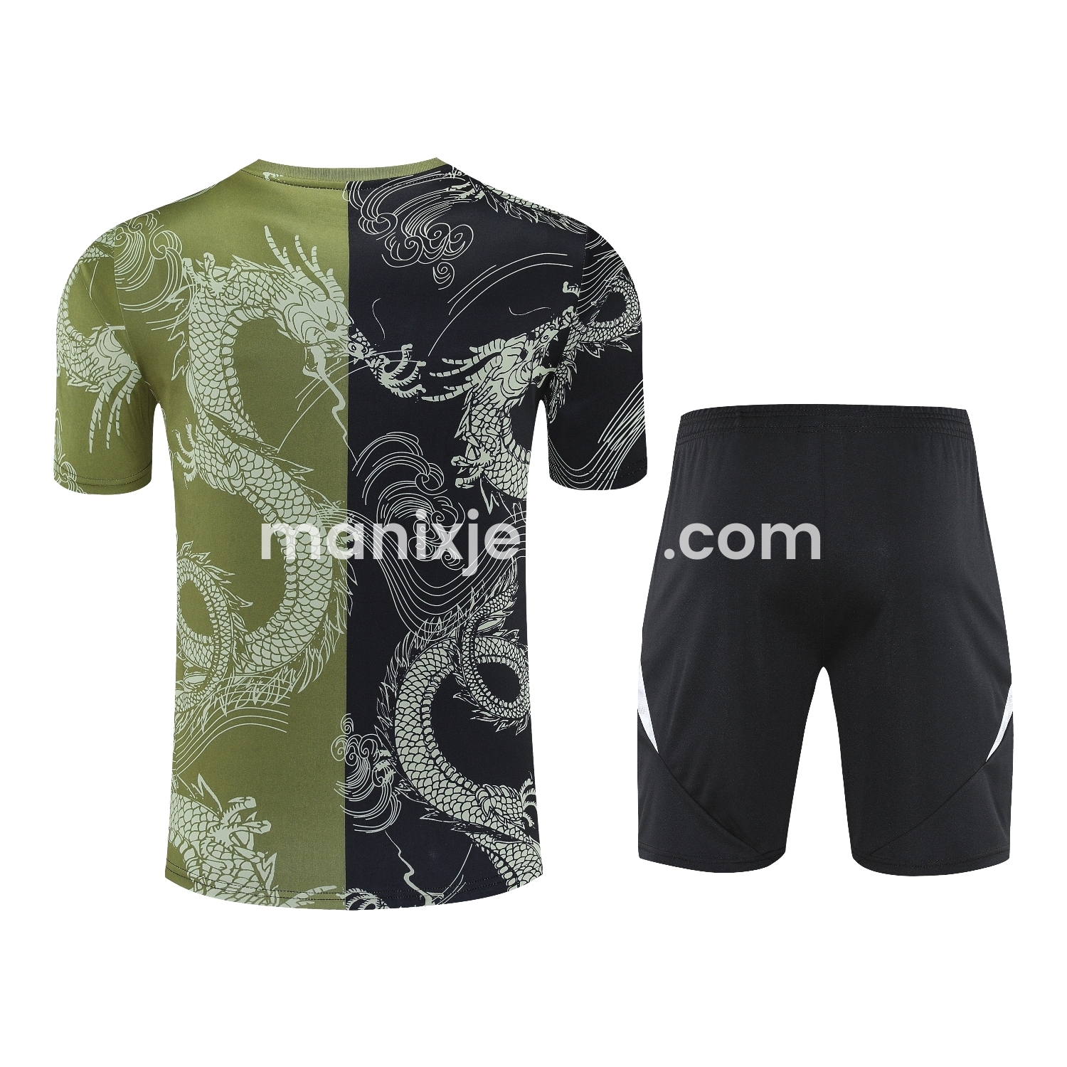 Real Madrid 25-26 Short-Sleeve Training Set - Green-Black Dragon Top & Black-White Shorts - Unitedfutballjersey