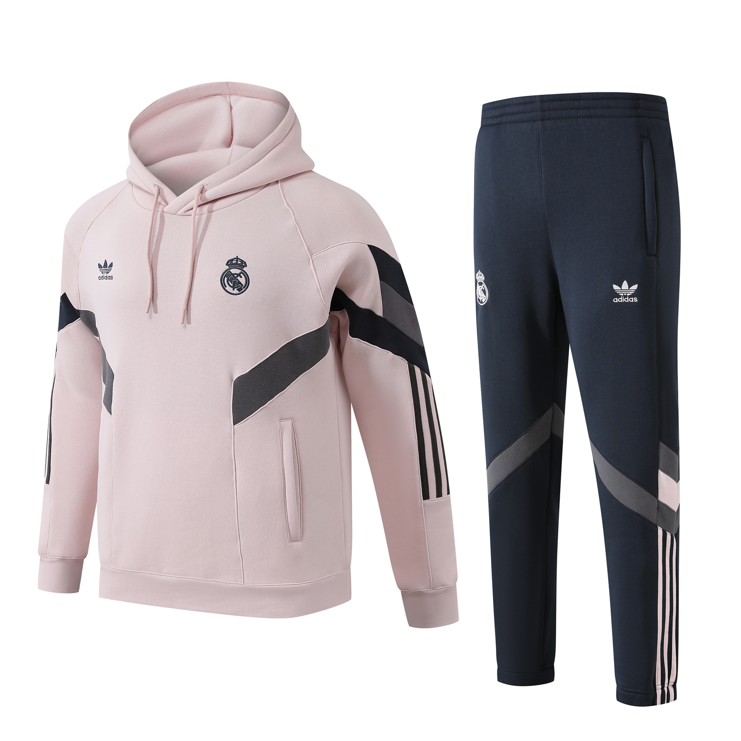 Real Madrid 24-25 Fleece-Lined Training Hoodie Set - Light Pink Hoodie and Deep Grey Pants - Unitedfutballjersey