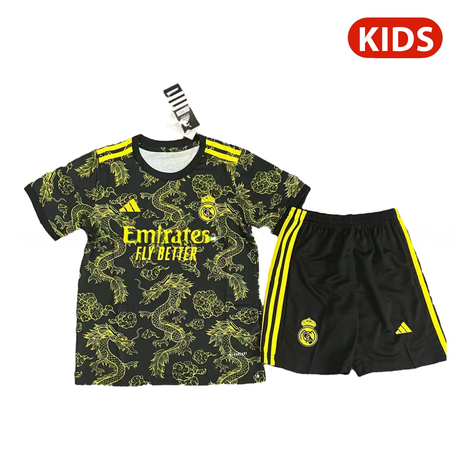 Real Madrid 25-26 Yellow Dragon Yellow Logo Black Special Kids Kit - Unitedfutballjersey