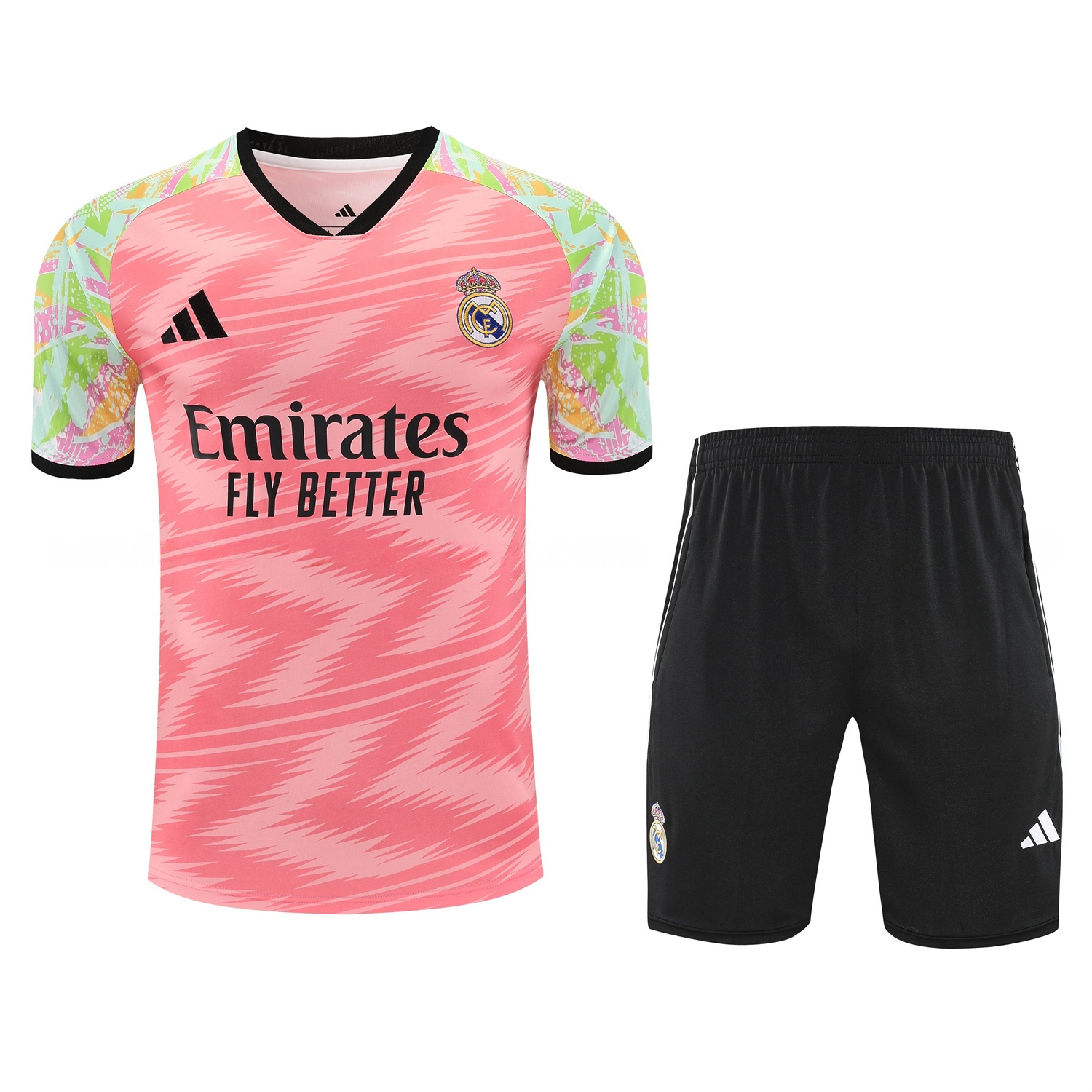 Real Madrid 25-26 Short-Sleeve Training Set - Pink Arrow Pattern Top & Black Shorts - Unitedfutballjersey
