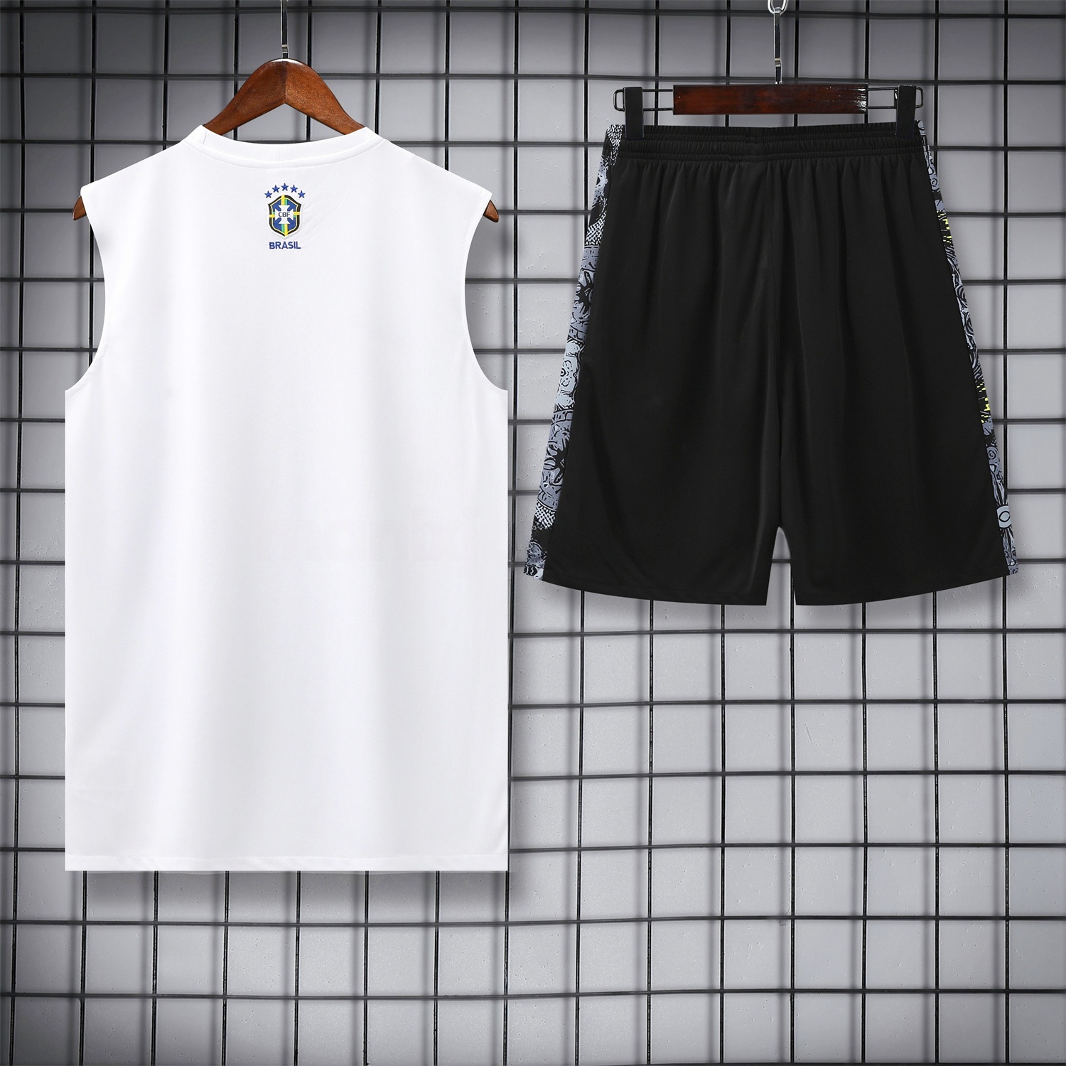 Brazil 25-26 White Jesus Statue Vest Training Set - White Vest & Black Shorts - Unitedfutballjersey