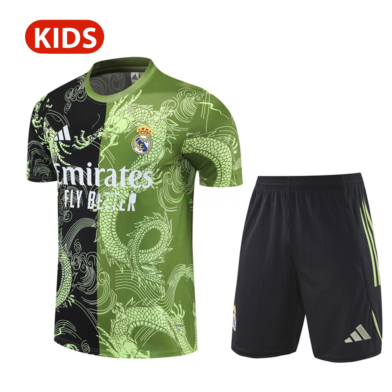 Real Madrid 25-26 Kid Short-Sleeve Training Set - Green Black Top & Black Shorts - Unitedfutballjersey