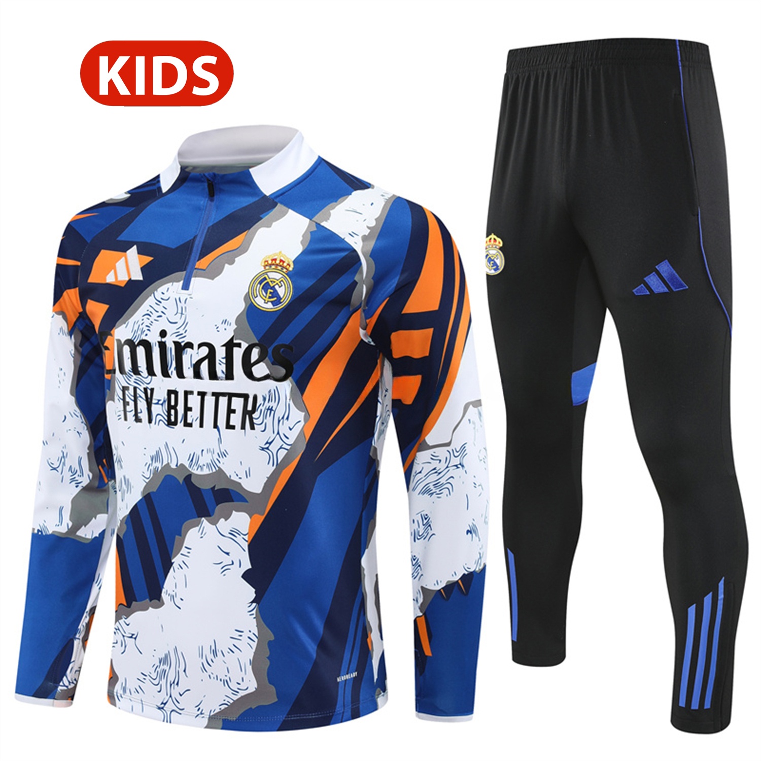 Real Madrid 25-26 Kids Long Sleeve Training Set - Yellow, White and Blue Camouflage Top and Black Pants - Unitedfutballjersey