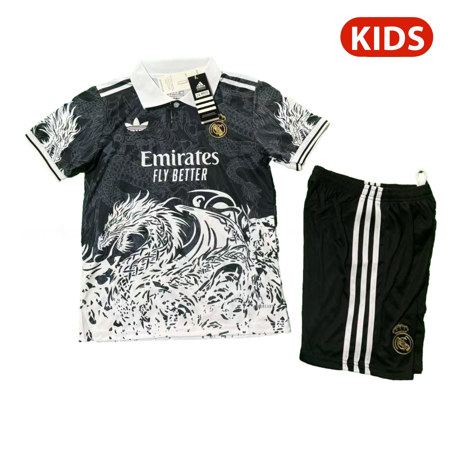 Real Madrid 25-26 White Fire Dragon Black Special Polo Kids Kit - Unitedfutballjersey