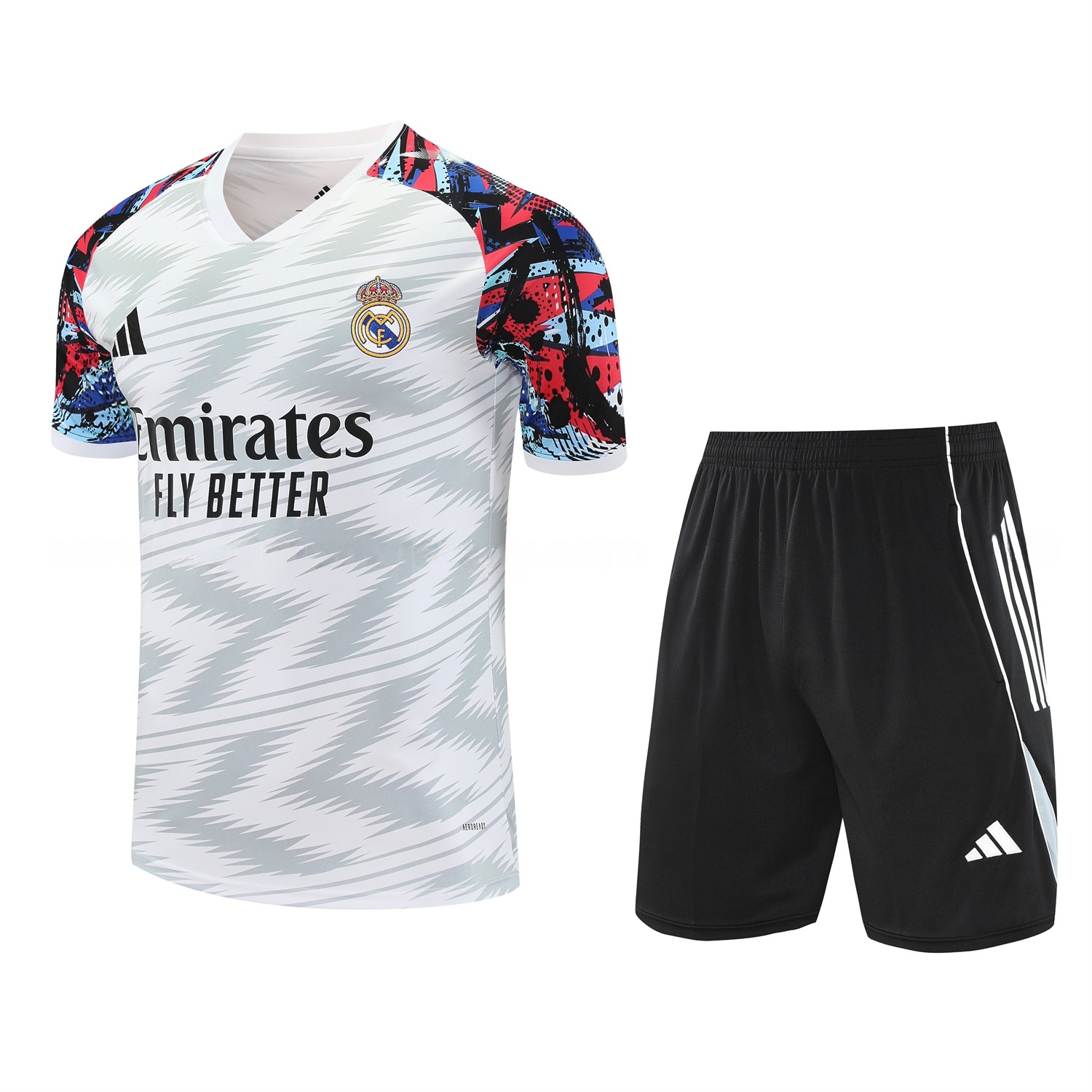 Real Madrid 25-26 Short-Sleeve Training Set - Grey Arrow Pattern Top & Black Shorts - Unitedfutballjersey