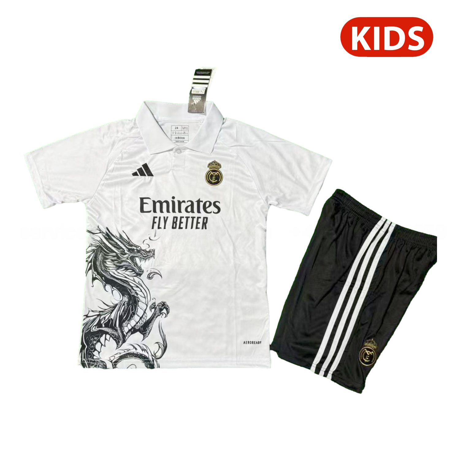 Real Madrid 25-26 Black Dragon White Special Polo Kids Kit - Unitedfutballjersey