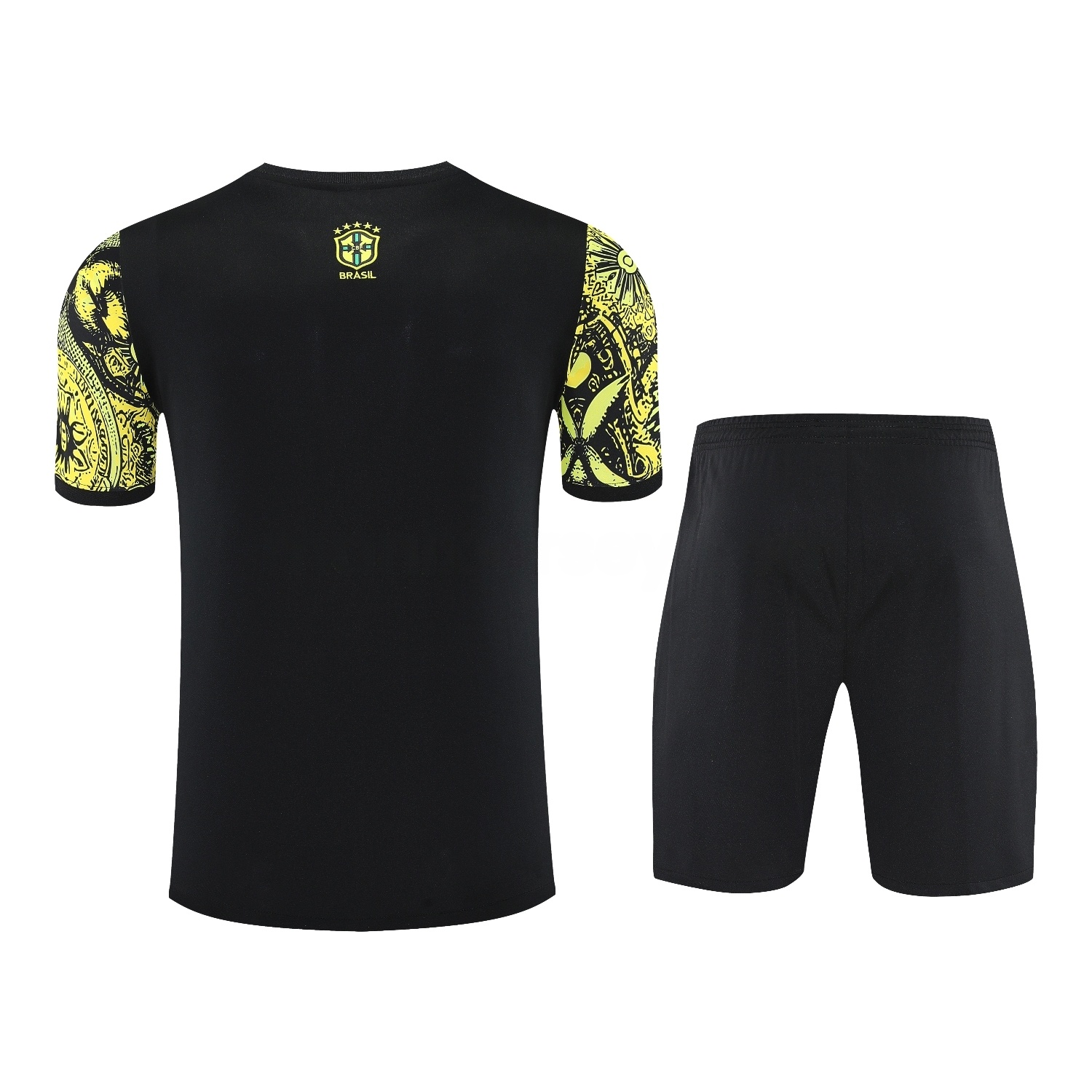 Brazil 25-26 Yellow Jesus Statue Short-Sleeve Training Set - Yellow Top & Black Shorts - Unitedfutballjersey