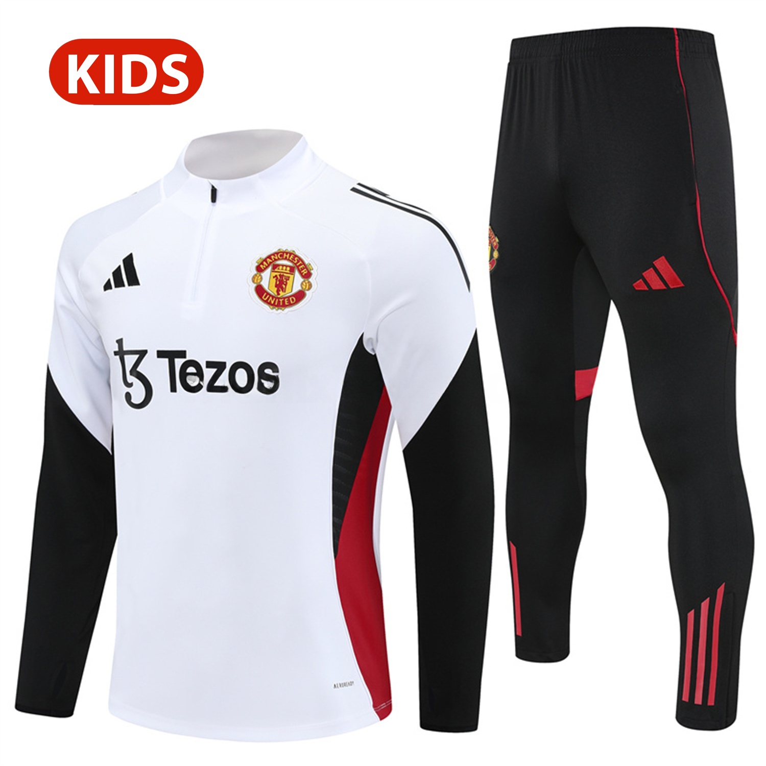 Manchester United 25-26 Kid Long Sleeves Training Set - White Top & Black Pants - Unitedfutballjersey