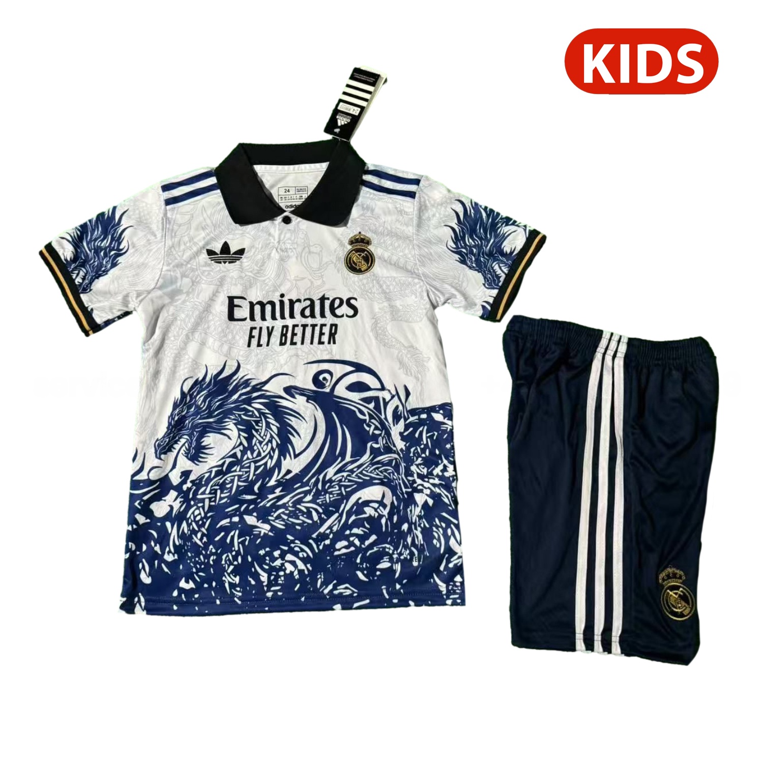 Real Madrid 25-26 Blue Fire Dragon White Special Polo Kids Kit - Unitedfutballjersey