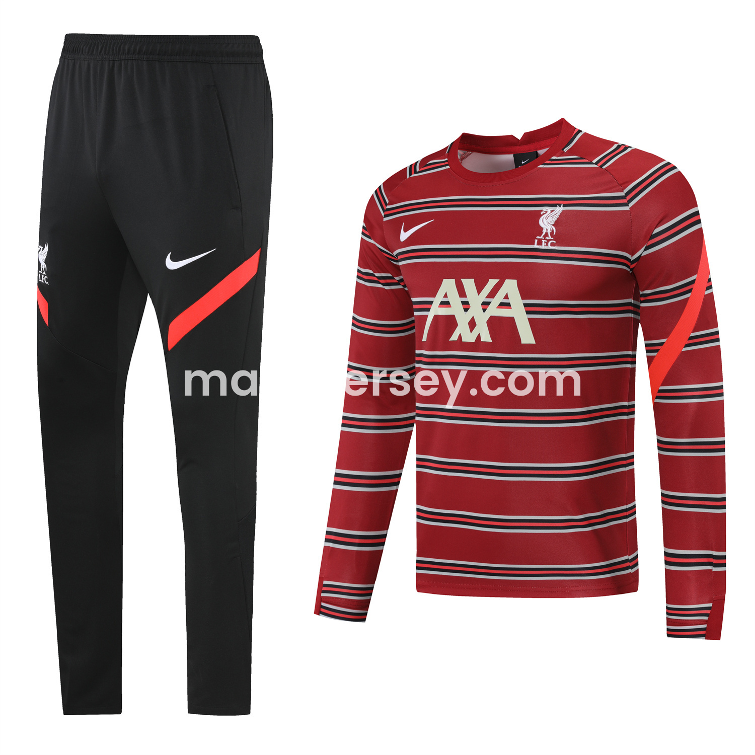 Liver.pool 24-25 Long Sleeve Training Set - Red Stripe Top and Black Pants - Unitedfutballjersey