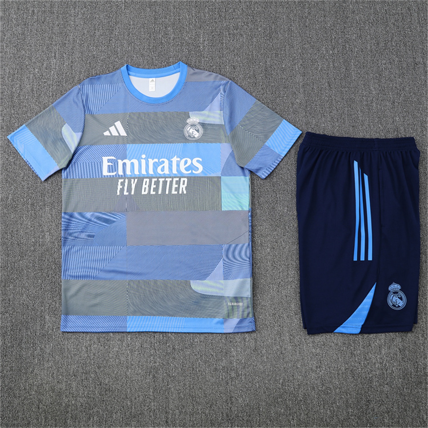 Real Madrid 25-26 Pre-Match Short-Sleeve Training Set - Blue-Gray Camouflage Top and Blue Shorts - Unitedfutballjersey