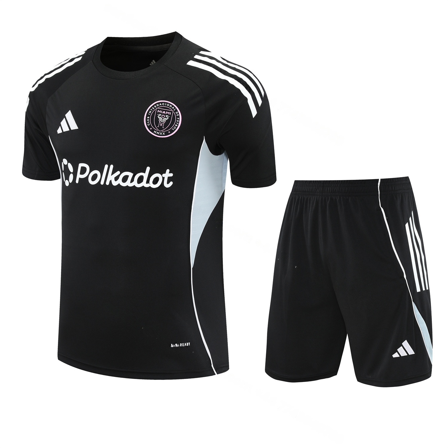 INT M.A.M 25-26 Short-Sleeve Training Set - Light Grey Stripes Black Top & Black Shorts - Unitedfutballjersey