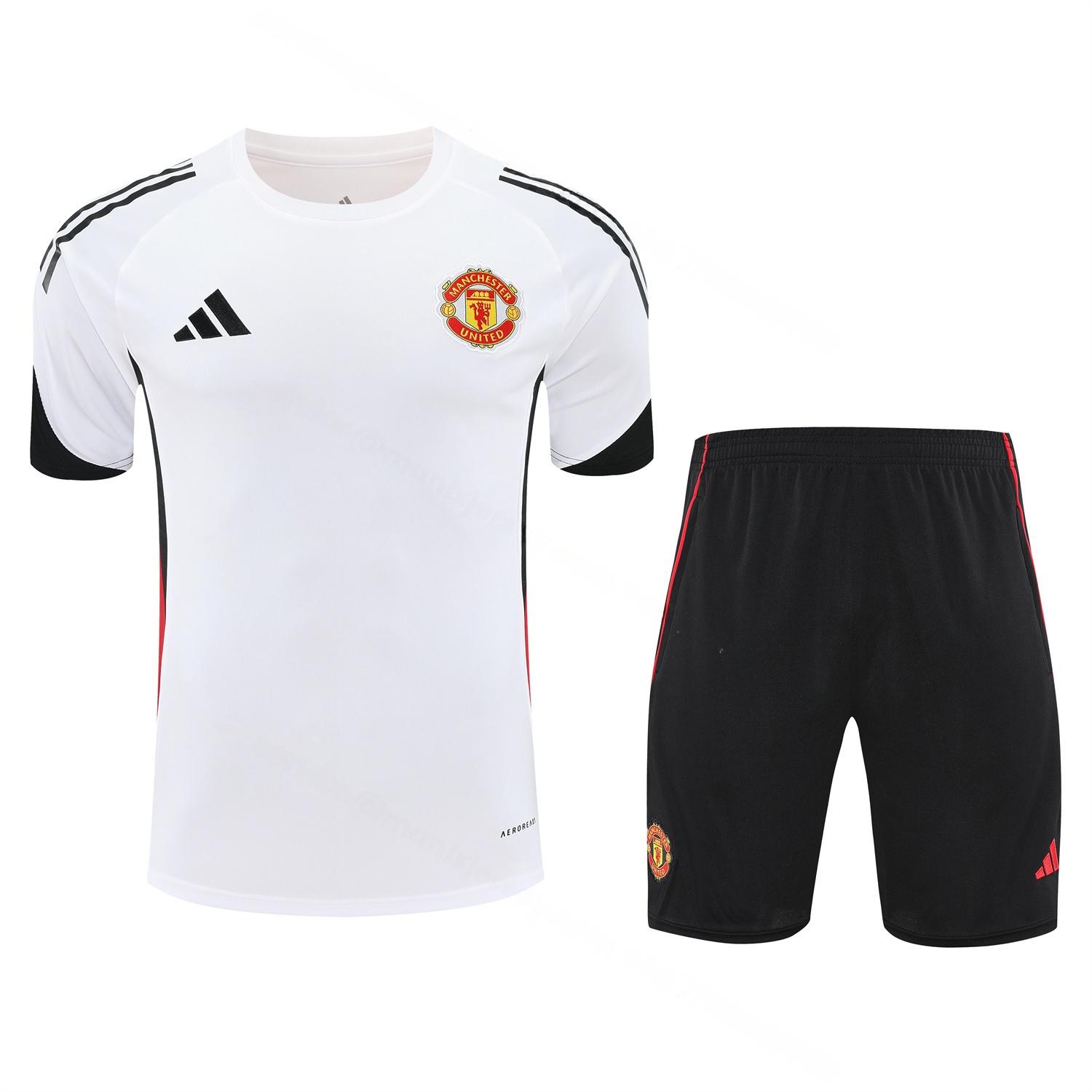 Manchester United 25-26 Short-Sleeve Training Set - Red Black Blocks White Top & Black Shorts - Unitedfutballjersey