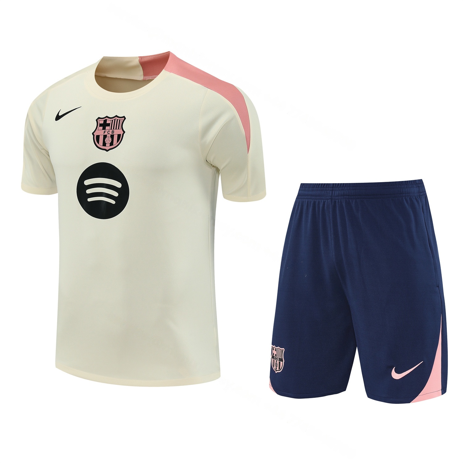 Barcelona 25-26 Short-Sleeve Training Set - Cream Top & Deep Blue Shorts - Unitedfutballjersey
