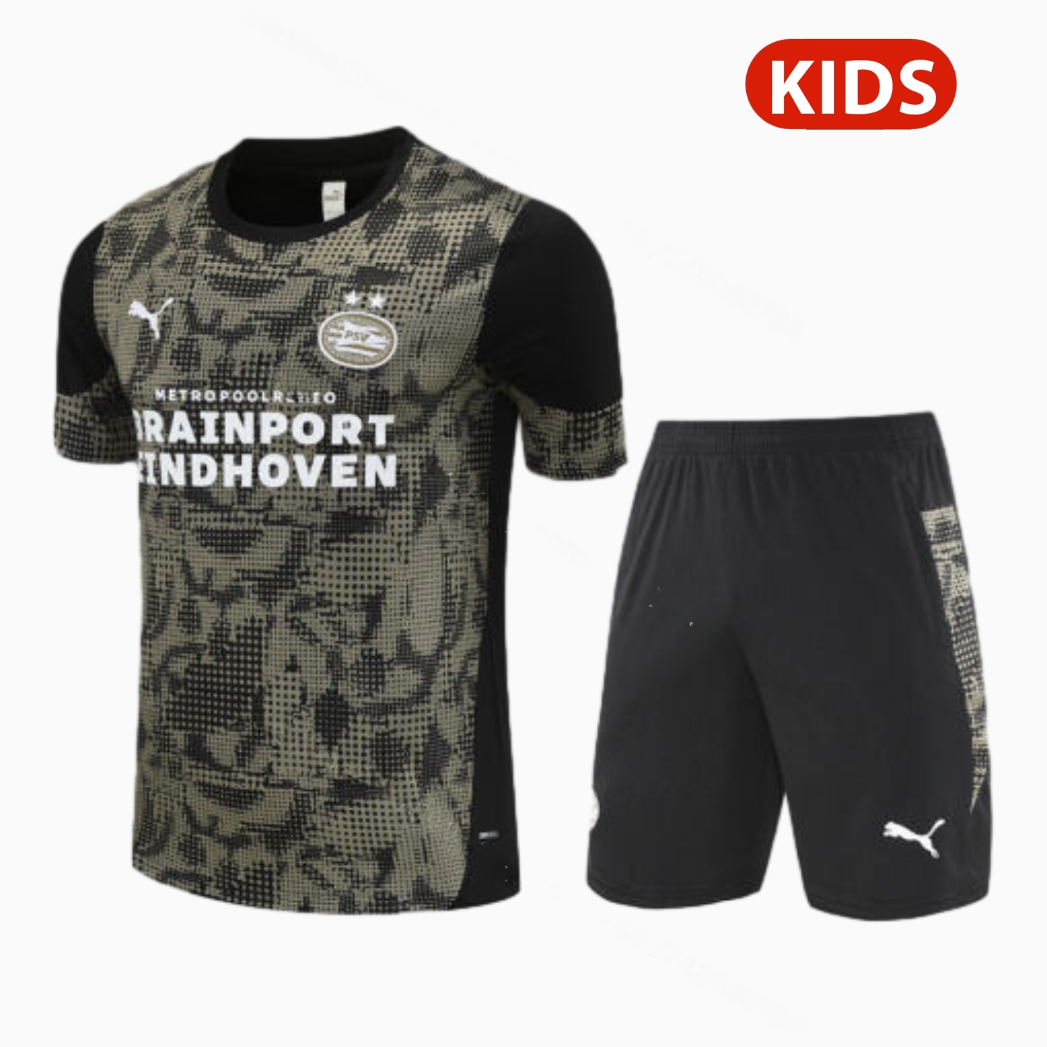 PSV Eindhoven 25-26 Kids Short-Sleeve Training Set - Army Green Top & Black Shorts - Unitedfutballjersey