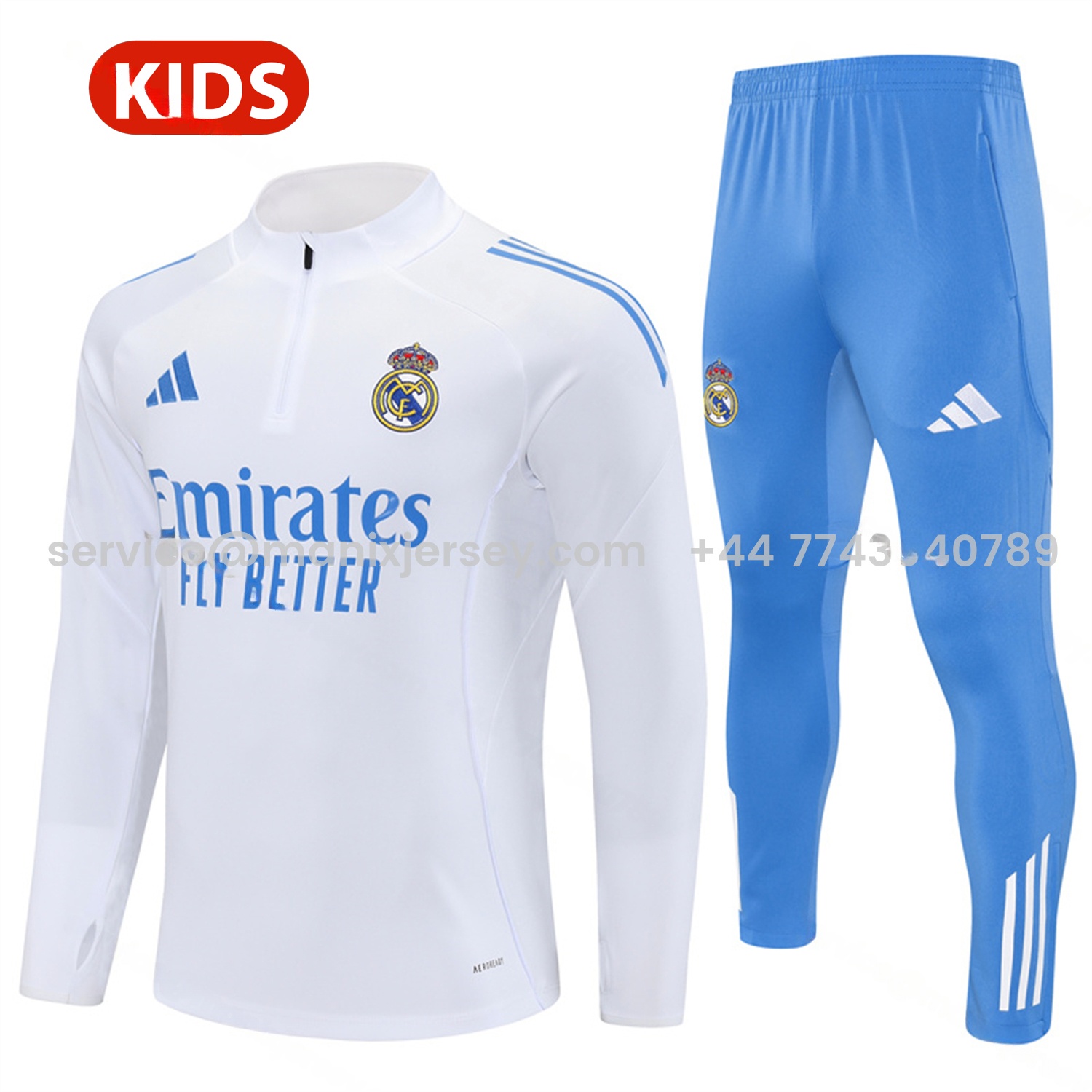 Real Madrid 25-26 Kids Long Sleeve Training Set - White Top & Blue Pants - Unitedfutballjersey